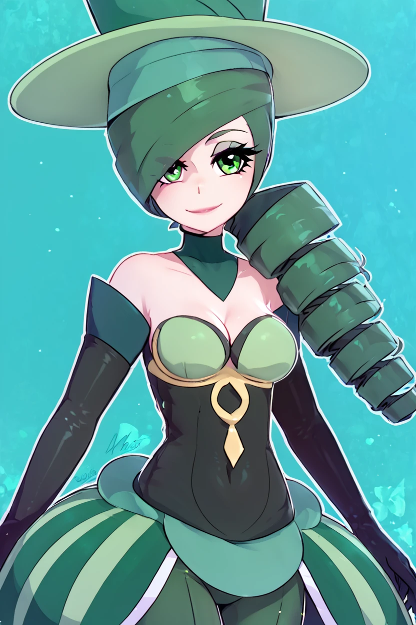 score_9, score_8_up, score_8, medium breasts, (curvy), cute, eyelashes,       ,,, , ,,, zzMorgan, green eyes, hair over one eye, drill hair, green hair, long hair, elbow gloves, black gloves, cleavage, bare shoulders, green dress, green headwear,  <lora:Morgan_Pokemon_PDXL:1.0>,    ,,,, BREAK, smile, closed mouth, looking at viewer, cowboy shot,  ,,, embedding:zPDXL, Expressiveh, ,,, <lora:MantisStyle_PDXL_v2:0.8>, <lora:SDXLFaeTastic2400:0.5>, <lora:Expressive_H-000001:0.4>,