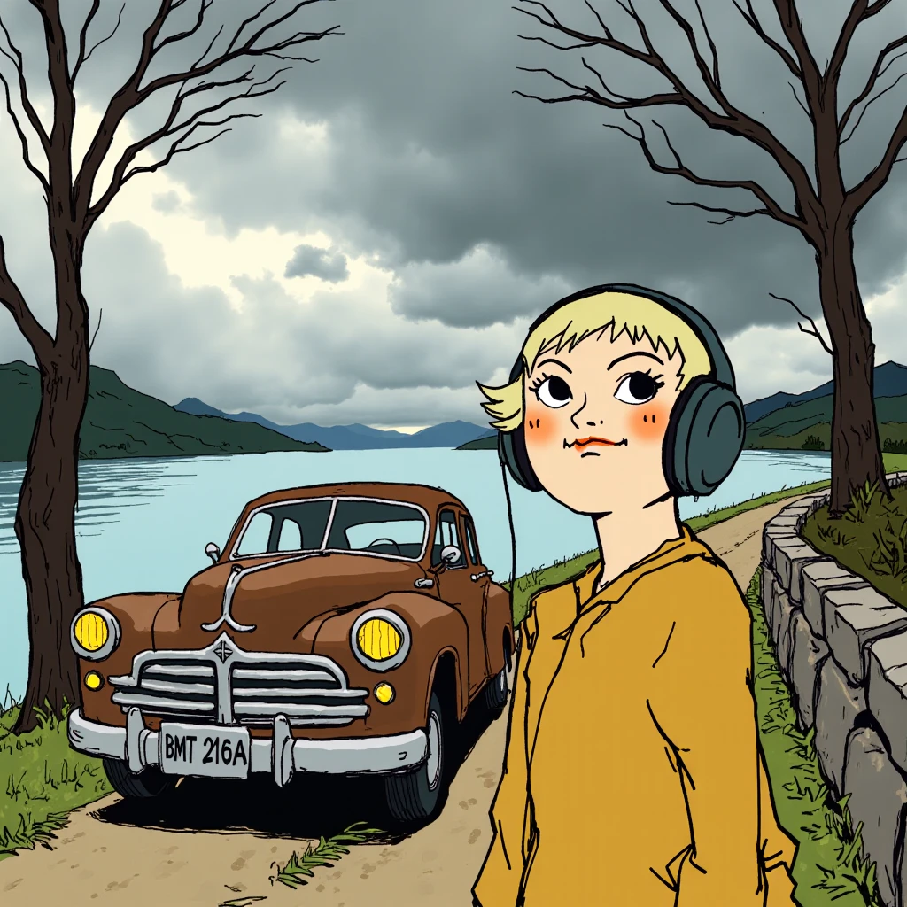 JSR style. A closeshot portrait of a happy girl with short blonde hair and gray eyes who is listening to music and wearing wireless headphones, standing in front of a vintage car is standing near a narrow, dirt path leading to a serene lake. The car, with a worn, rusty exterior and a classic design, has a license plate that reads "BMT 216A". The car's headlights are yellow, and its windshield wipers are visible, suggesting recent rain. The background features a tranquil lake with calm, blue waters reflecting the cloudy sky above. The sky is dominated by dark, stormy clouds, adding a sense of depth and drama to the scene. Two leafless, gnarled trees frame the path on either side, their bare branches reaching towards the sky, emphasizing the passage of time and the car's vintage nature. The path is bordered by a rocky, uneven stone wall to the right, with small, green plants growing along the edges. The overall style of the illustration is reminiscent of mid-20th century art, with a nostalgic, slightly surrealistic touch. The colors are muted and earthy, with the car's brown and the lake's blue standing out against the grey and green tones of the landscape.