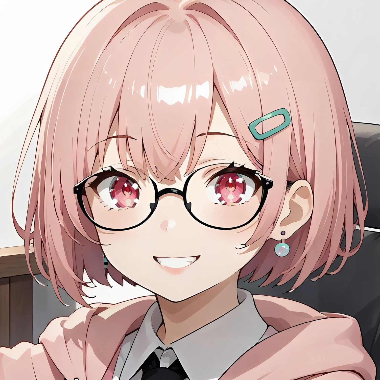 <lora:OCC_AkaneXLpony005:0.8>,
white background,
looking at viewer,smile,
solo,
Akane,1girl,pink hair,bob cut,hairclip,red eyes,
glasses,earrings,
pink hoodie jacket,wing collar,white shirt,black necktie,
upper body,