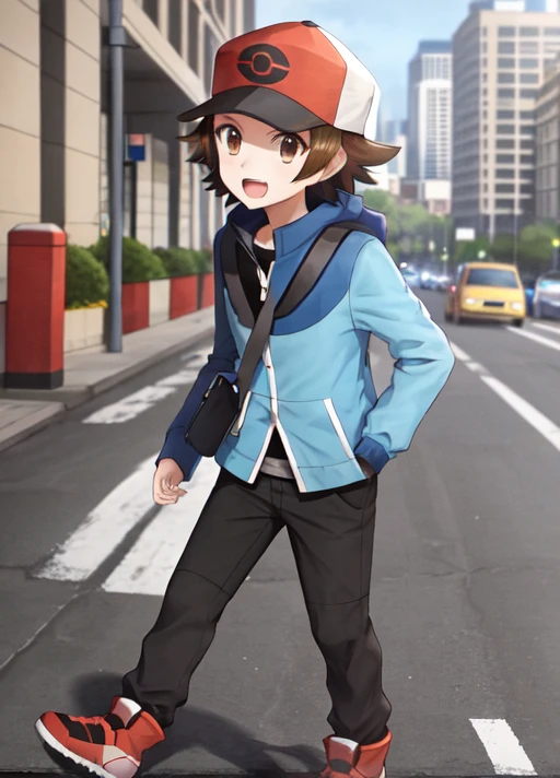 <lora:HilbertBW:0.8>, HilbertBW, brown hair, brown eyes, red cap with black brim, blue coat, long sleeves, black pants, long pants, red shoes, walking, full body, city, solo, 1boy,