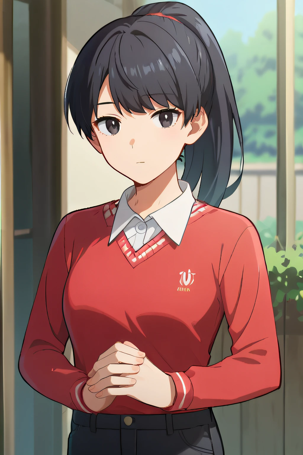 score_9, score_8_up, score_7_up, source_anime, rating_safe, intricate details, official style, 1girl, solo, <lora:Shibuya_Aoi:1>, shibuyaaoi, black hair, black eyes, ponytail, collared shirt, red sweater, long sleeves, medium breasts, black pants, looking at viewer, indoor, cowboy shot, expressionless, own hands together, five fingers