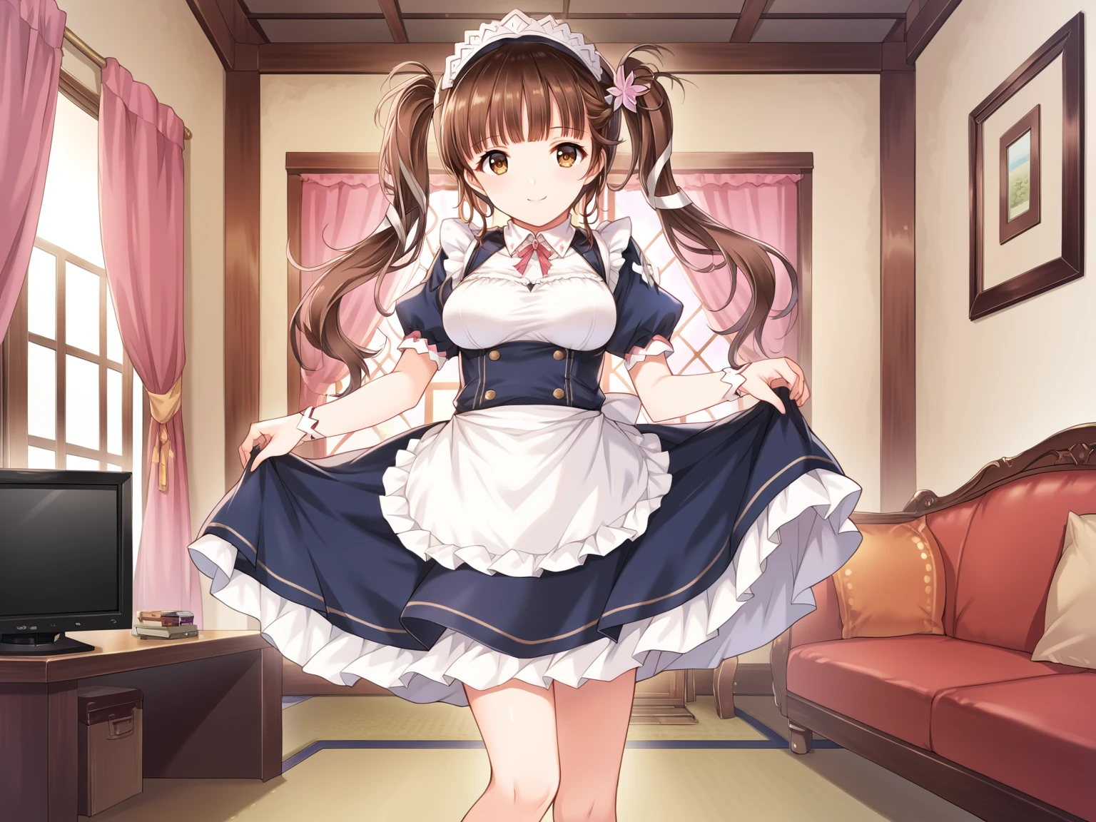 alicesoft, uka, 1girl, solo, twintails, long hair, brown hair, brown eyes, maid headdress, hair ornament,breasts, smile, maid, bangs, <lora:Alicesoft_-_Haha_Ranman_-_Mayuko_Saki_Uka:1>,indoors,living room,window,couch,television,standing,, score_9, score_8_up, score_7_up,source_anime,(masterpiece),(best quality),(ultra-detailed),(best illustration),(best shadow),(absurdres),(detailed background),(very aesthetic),source_anime