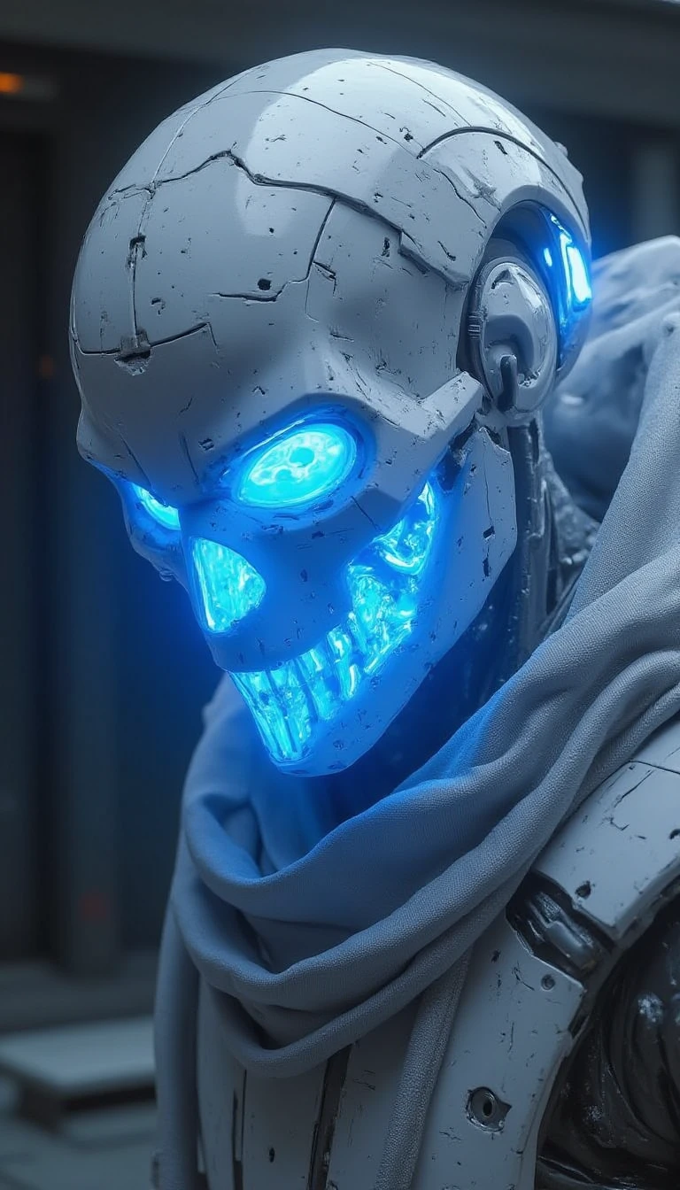 FuturisticWhite, a mystical blue skull with glowing blue highlights, set against a dark background