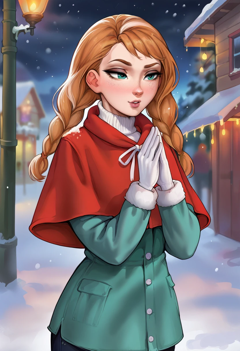 score_9,score_8_up, score_7_up, BREAK arana, 1girl,long hair, swept bangs, aqua eyes,freckles, orange hair,twin braids,streaked hair,lips,standing, snow, snowing,poncho,red capelet,palms together, cowboy shot,white fur-trimmed gloves,winter gloves,  green long sleeves,hands up,praying   <lora:AromaCharsPony:1>