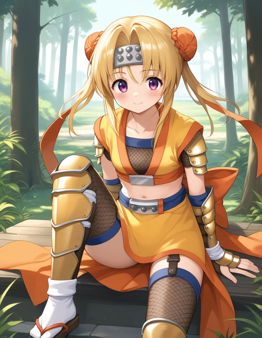 toyotomi_hideyoshi_(sengoku_otome), blonde hair, double bun, purple eyes, twintails, ribbon,
headband,  japanese clothes, fishnets, ninja, midriff, armor, navel, skirt, gauntlets, zettai ryouiki, fishnet thighhighs, sandals,
 <lora:toyotomi_hideyoshi_(sengoku_otome) _Pony_v1:1>
sitting, dynamic pose , 
closed mouth, blush,light smile,
looking at viewer, (cowboy shot:1.3), 
outdoors, forest, score_9, score_8_up, score_7_up, best quapoty, highres, absurdres, source_anime, zPDXL3, 1girl,solo