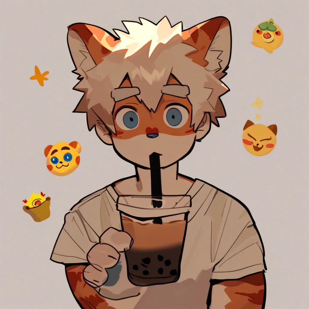 score_9_up, score_8_up, score_7_up,  milkytiger, tiger ears, tiger boy, white eyebrows, blue eyes, 1boy, solo, pin, mikus-style, emoji, stickers, holding, bubble tea