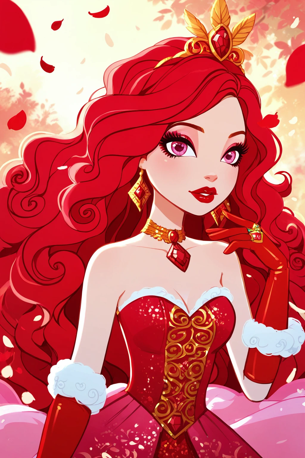 score_9, score_8_up, score_8, <lora:everafterhigh:0.8>, everafterhigh, 1girl, dress, gloves, solo, jewelry, ring, elbow gloves, wavy hair, long hair, red dress, red theme, curly hair, red gloves, red hair, strapless, gem, petals, bare shoulders, pink eyes, looking at viewer, red gemstone, strapless dress, breasts, makeup, red lips, closed mouth, lipstick, lips, outdoors, upper body, choker, feather boa