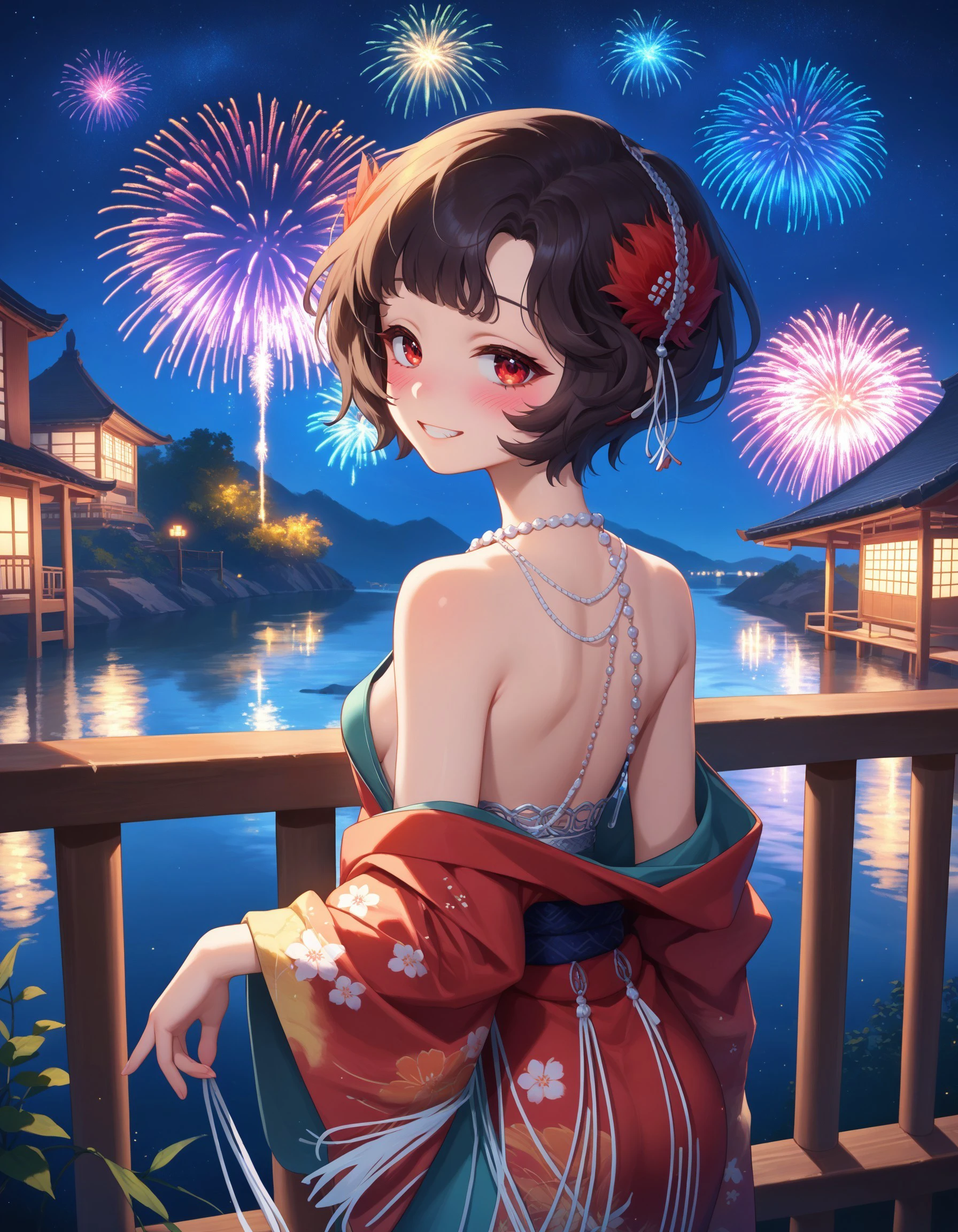 score_9, score_8_up, score_7_up, score_6_up, source_anime, outdoors, japanese architecture, night, starry sky, (fireworks), rimlight, railing, scenery, river,
BREAK
1girl, schndef, short hair, feather hair ornament, red eyes, small breasts, necklace, off-shoulder kimono, floral print, off-shoulder, bare shoulders, shoulder blades, from behind, looking back, blush, light smile, teeth, hand on surface, against railing,
<lora:r1999schneider-pdxl-ravenfoot-v1-CAME:1.0>