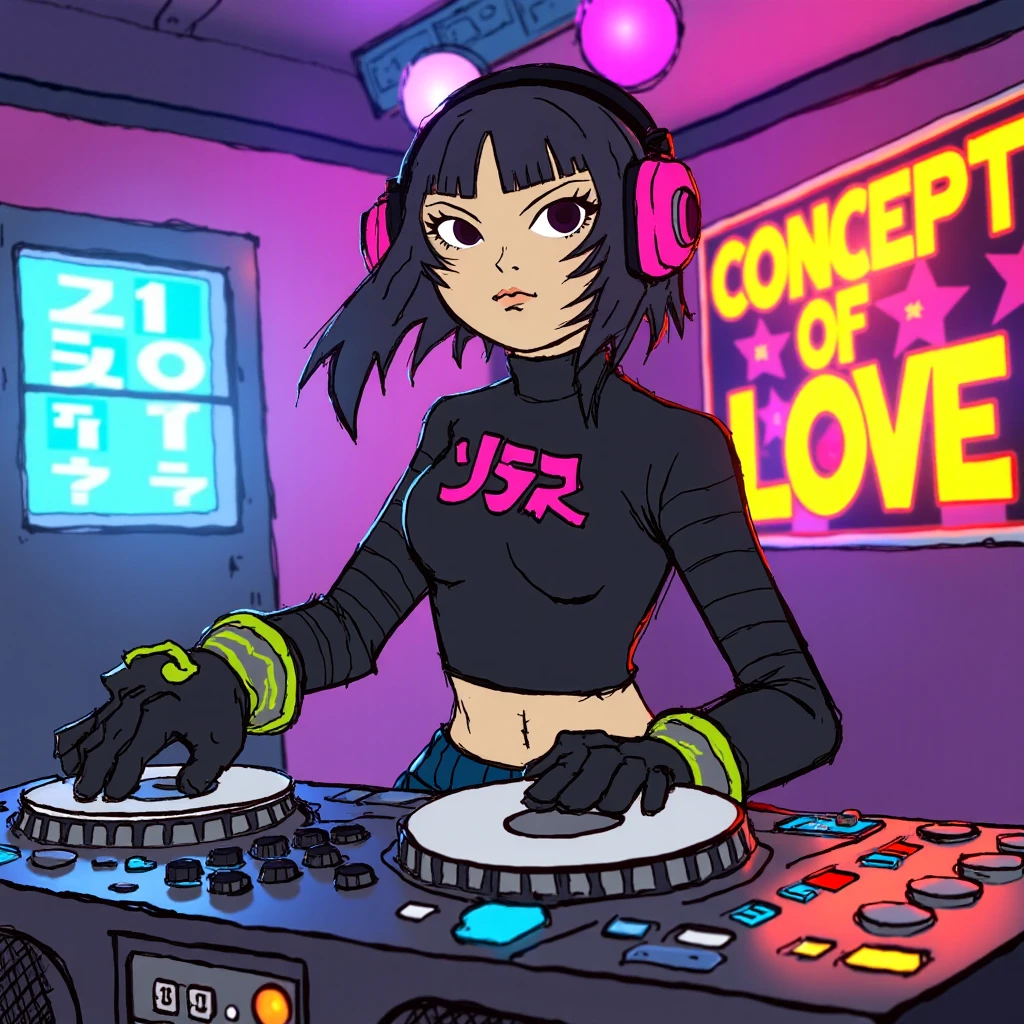 JSR style. Raver DJ girl in future night club. Big poster saying "CONCEPT OF LOVE".