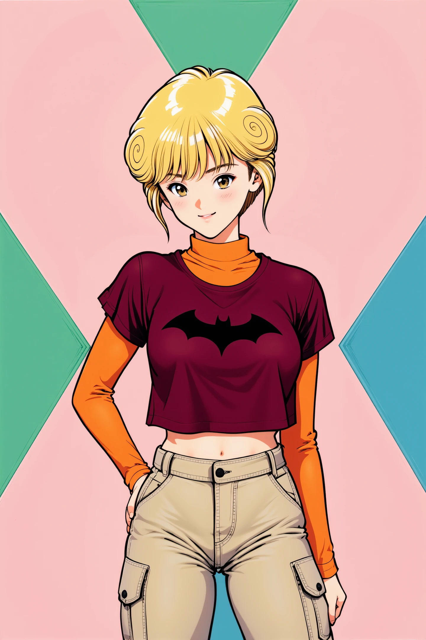 Ai Amano,a young woman with a confident and slightly mischievous expression. She has short,tousled blonde hair with bangs that frame her face. Her eyes are large and dark,giving her a captivating gaze. She is dressed in a maroon short-sleeved t-shirt with a black bat emblem on the chest,paired with orange long-sleeve thermal undershirts peeking out from the sleeves. Her lower attire consists of light beige cargo pants with multiple pockets,adding a rugged and casual touch to her outfit.,
The background is a geometric pattern of large,diamond-shaped tiles in alternating colors of pink,green,and blue,creating a visually dynamic and playful backdrop. The tiles are arranged in a symmetrical fashion,with the central diamond being larger than the others. The overall composition is balanced,with her figure occupying the central position while the background tiles provide a contrasting and lively setting. The illustration captures a blend of youthful rebellion and charm,with a hint of edginess in her attire and expression.,
<lora:Katsura Masakazu_FLUX:1>,