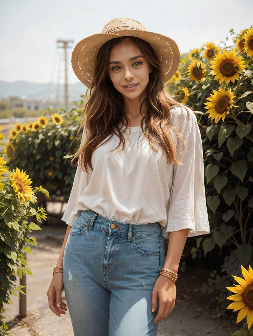 <lora:PE_MarineLorphelin_v3:1> ma8lo, A young woman standing in a sunflower field, wearing a loose, boho-style blouse and jeans, her arms spread out as she enjoys the warmth of the sun and the scent of flowers, with a peaceful and joyous expression. (sun-kissed skin, vibrant yellows and greens, expansive sky, summery ambiance:1.3, film-like colors, bright, natural lighting)