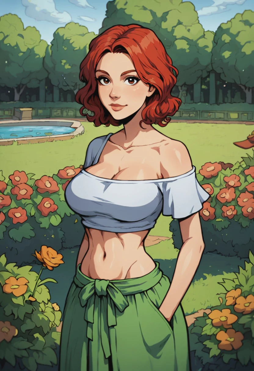 score_9, score_8_up, score_7_up, 1girl, large_breasts, portrait, solo, looking_at_viewer, open_eyes, Leaning back with hands on the hips, rotated, (Orange geta), medium hair, mohican, Red hair, garden, upper_body, rating_safe, <lora:akabur-siserg_mix_pony:1.0>