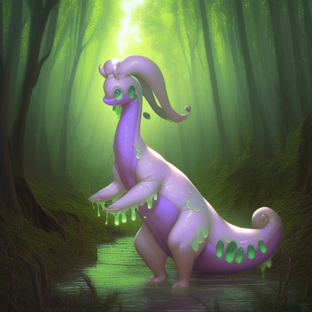 score_9, score_8_up, score_7_up, score_6_up, score_5_up ((best quality, high quality, absurdres, feral, solo, slime, Goodra)), (Detailed background, Forest, swamp, midday,) by kenket, by darkgem, by dullyarts, by plattyneko, by Thousandfoldfeathers, extremely detailed,  highres, detailed shading, Volumetric lighting, natural lighting, vibrant colors, FujiFilm XT3,