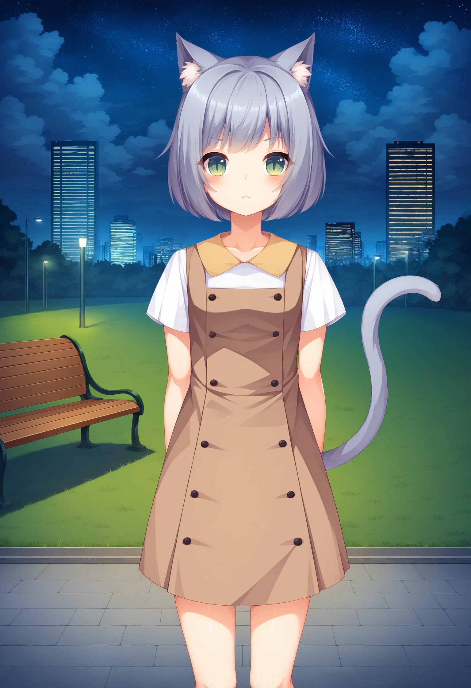 score_9, score_8_up, score_7_up, score_6_up, score_5_up, score_4_up, brown_pinafore_dress, Miruku, solo, flat_chest, collarbone, looking_at_viewer, cat_ears, animal_ear_fluff, blush, closed_mouth, v-shaped_eyebrows, >:(, frown, :3, cat_tail, white_shirt, collared_shirt, short_sleeves, sleeveless_dress, buttons, short_dress, tail_raised, arms_behind_back, standing, legs, outdoors, park_bench, lamppost, night, tree, building, night_sky, grass, park, skyscraper, starry_sky, cloudy_sky, skyline, light, <lora:Milk_V0.5_3:0.9>