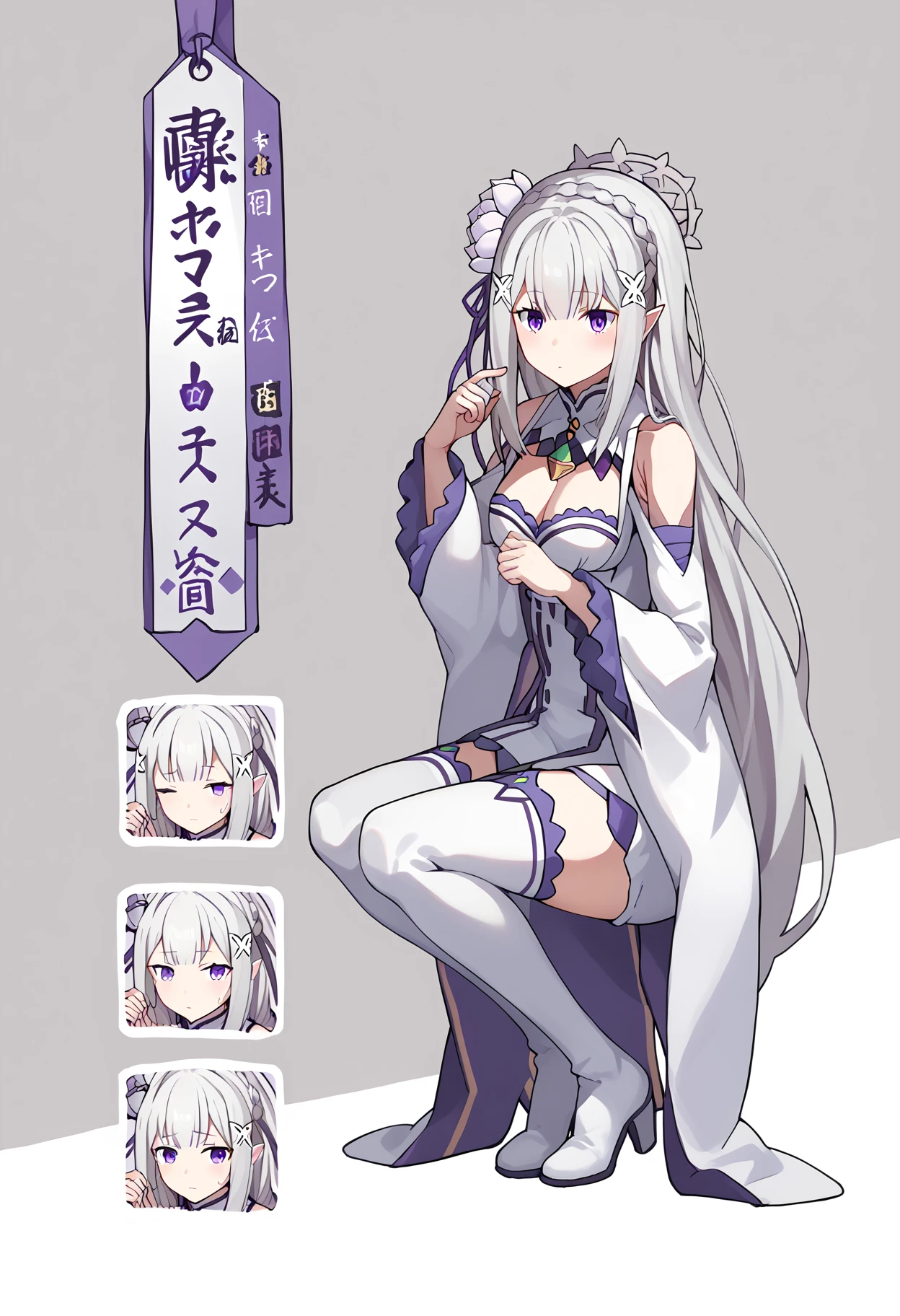 score_9, score_8_up, score_7_up, source_anime,
BREAK
1girl, solo,
<lora:shiEmiliaV2:1> shimilia, long hair, grey hair, purple eyes, pointy ears, crown braid, hair flower, hair ribbon, purple ribbon, x hair ornament, white dress, cleavage, bare shoulders, wide sleeves, white thighhighs, thigh boots,
<lora:shiBluArchiveExpressV1 (1):1>,
shibarchiveexpression, expressions, squatting, full body, 
looking at viewer,