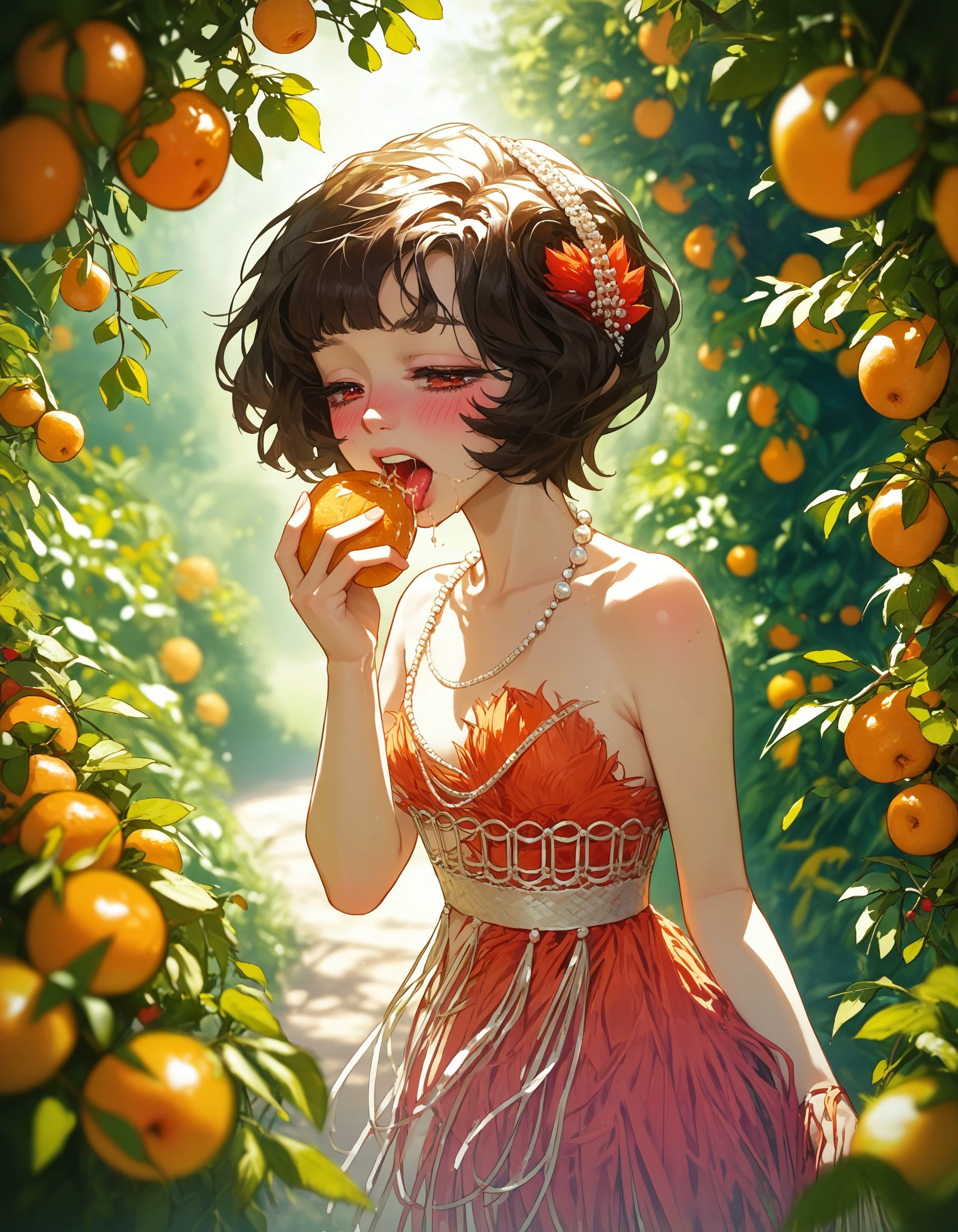 score_9, score_8_up, score_7_up, rating_explicit, source_anime, outdoors, garden, orange (fruit), orchard, nature, scenery, depth of field, bokeh
BREAK
1girl, schndef, short hair, red eyes, small breasts, feather dress, strapless, necklace, half-closed eyes, blush, open mouth, tongue out, eating, holding fruit, holding food, 
<lora:r1999schneider-pdxl-ravenfoot-v1-CAME:1.0>