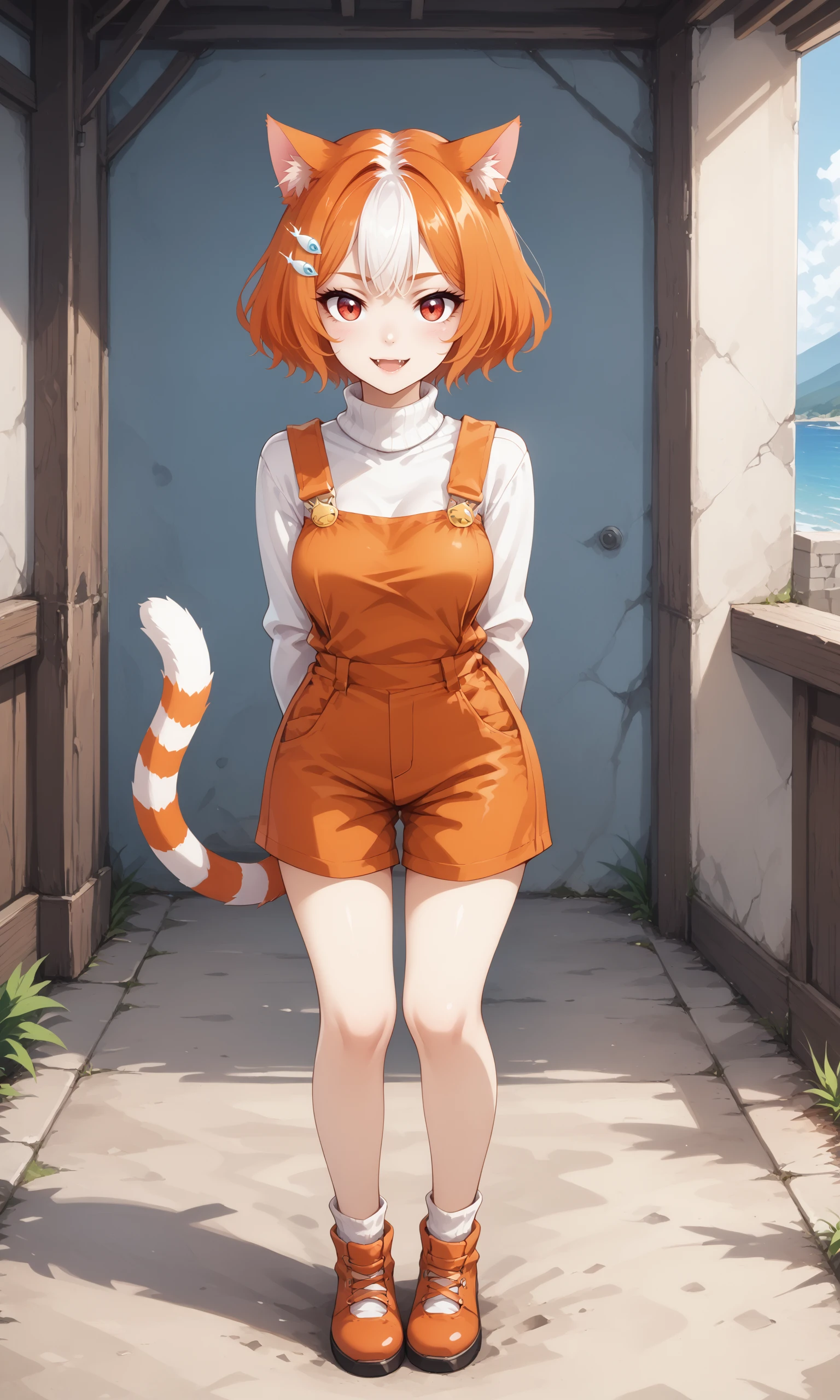 score_9, score_7_up,
BREAK,
(arms behind back , full body :1.2), smile, open mouth, happy, 
BREAK,
1girl, solo, tail, red eyes, cat tail, large breasts, cat girl, animal ear fluff, orange hair, multicolored hair, white hair, short hair, animal ears, tail, cat ears, fish hair ornament, hair ornament, hairclip, hair over ears, bangs, two-tone hair, orange overalls, overalls, white sweater, sweater, long sleeves, turtleneck, turtleneck sweater, painted nails, orange fingernails <lora:PonyOct_Marsey:0.9>, , ricegnat, <lora:PonyOct_Ricegnat:0.4>,<lora:Pony_old_reddit_sketch_1280_10k:0.3>, <lora:PonyAug_monori_rogue:0.2>, uncensored, 10s, 20s