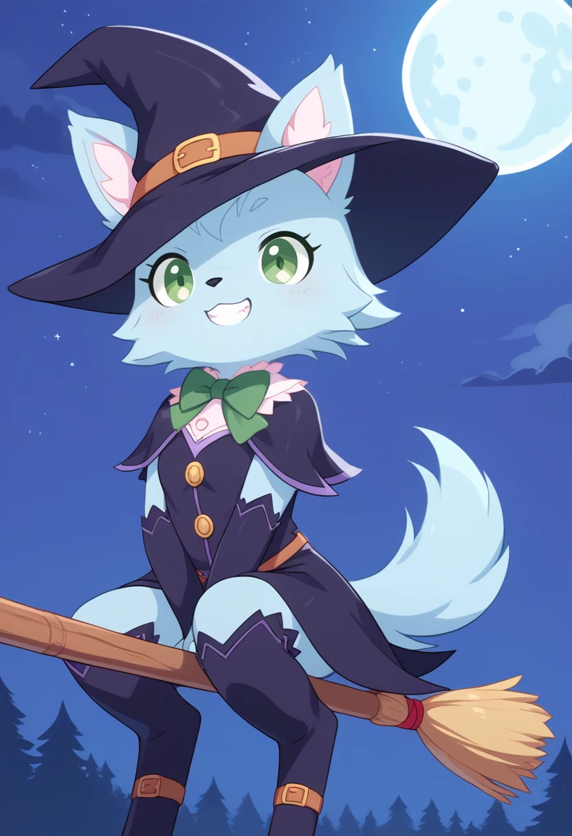 score_9, score_8_up, score_7_up, score_6_up, score_5_up, BREAK
m1lky, anthro, female, jewelpet, solo, bow, green eyes, green bowtie, no humans, :3, full moon, blue fur, grin, witch, witch hat, witch cosplay, night time, , sitting on broom, flying broom