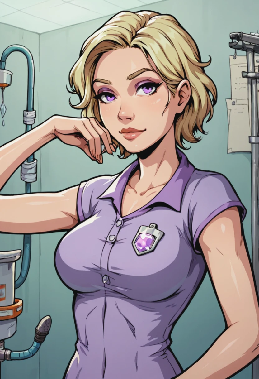 score_9, score_8_up, score_7_up, 1girl, large_breasts, portrait, solo, looking_at_viewer, open_eyes, Balancing on one foot, sideways, (Amethyst sarashi), short hair, flat top, Blonde hair, hospital, very_wide_shot, rating_safe, <lora:akabur-siserg_mix_pony:1.0>