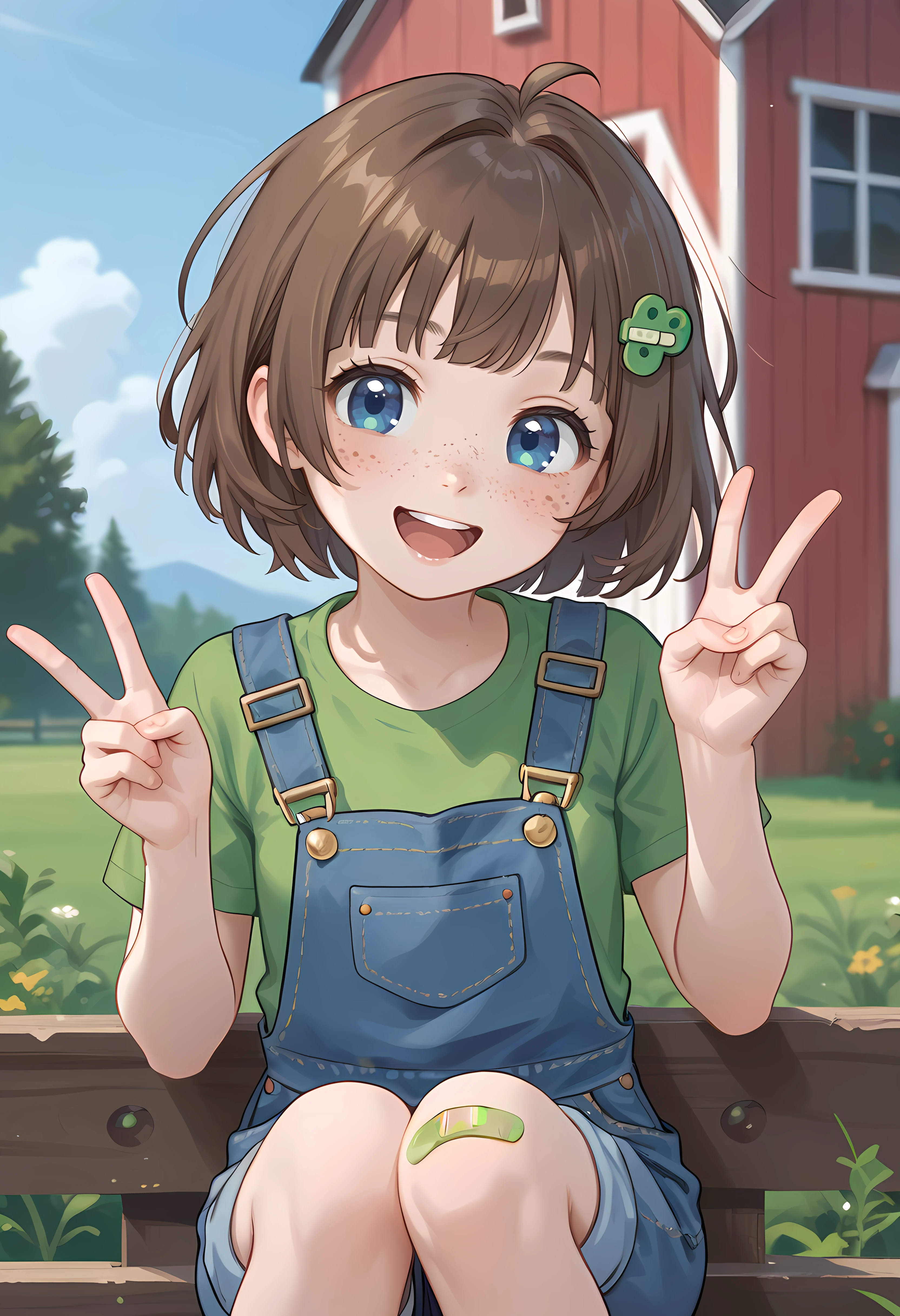 score_9, score_8_up, score_7_up, score_6_up, score_5_up, score_4_up<lora:Lily_Hopkin_pony:0.8>a cartoon girl in overalls and  reen shirt standing , 1girl, freckles, brown hair, bandaid, blue eyes, overalls, shirt, solo, smile, short hair,, bandaid on leg,, hair ornament, green shirt, bandaid on knee, looking at viewer, open mouth,peace sign,face focus,farm background,, (portrai shot, upper body)