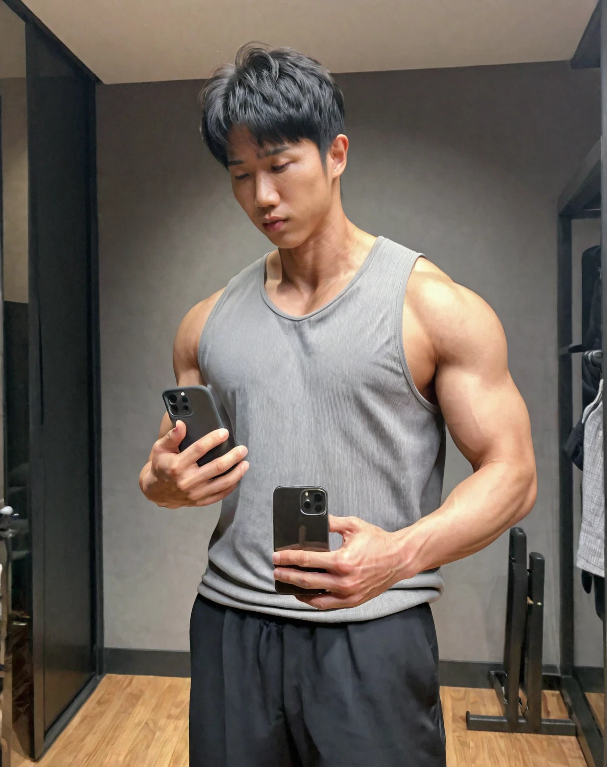 jasper_liu, asian, phone, holding phone, 1boy, male focus, holding, black hair, shirt, cellphone, photo background, solo, grey shirt, pants, indoors, black pants, short hair, standing, smartphone, sleeveless, realistic, muscular, veiny arms, broad shoulders