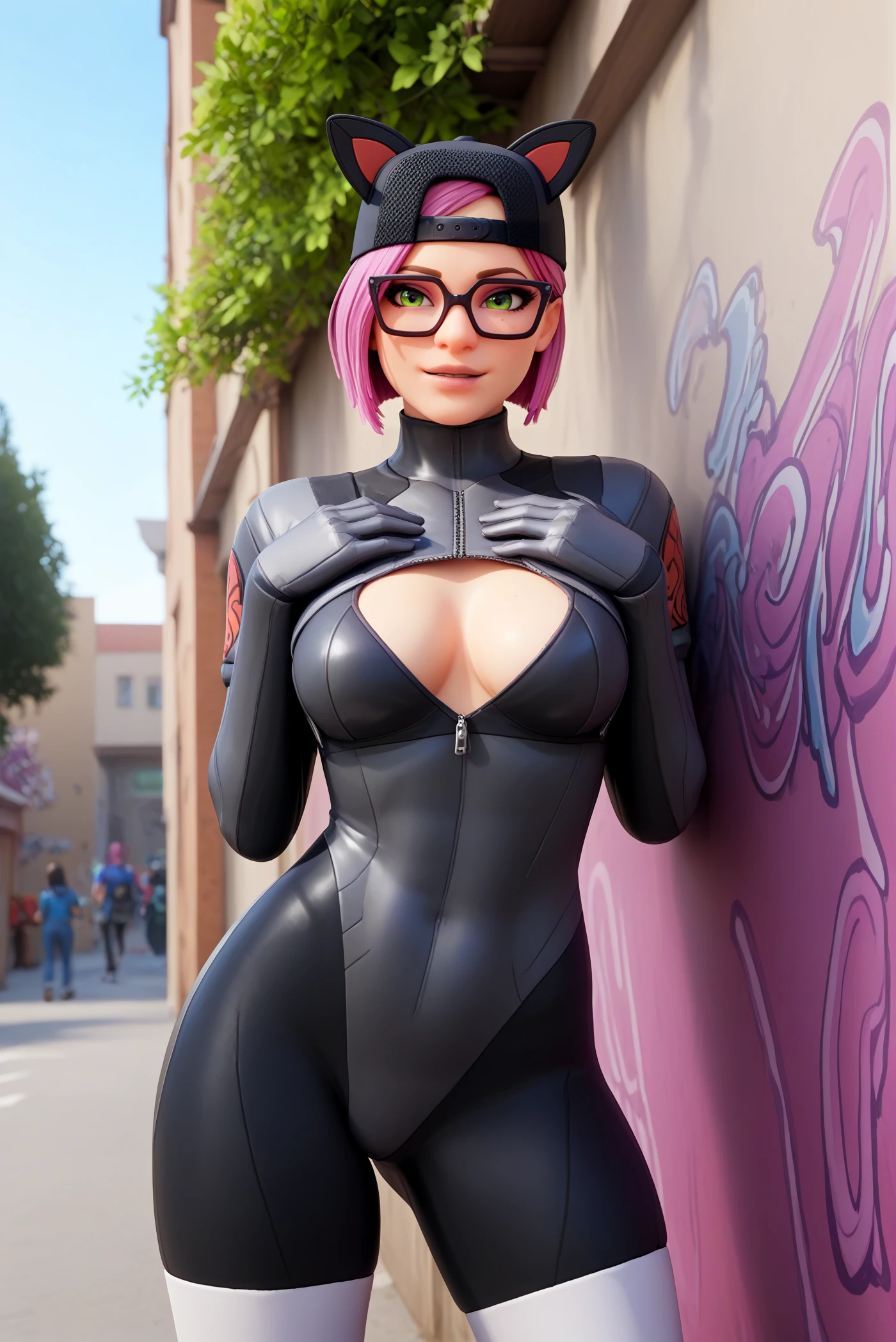 score_9, score_8_up, score_7_up, score_6_up, 3d, 
<lora:P-Lynx_fortnite:1>, L7NX, black hat, animal ears, fake animal ears, short hair, pink hair, glasses, black framed eyewear, green eyes,
only bodysuit, black bodysuit, black leggings, white thighhighs,
standing, medium breasts, cleavage cutout, seductive smile, parted lips, eyelashes, hands on chest, 
street background, depth of field, graffiti on wall, highly colorful, vibrant graffiti, blue sky, tree, distant buildings, colored graffiti,