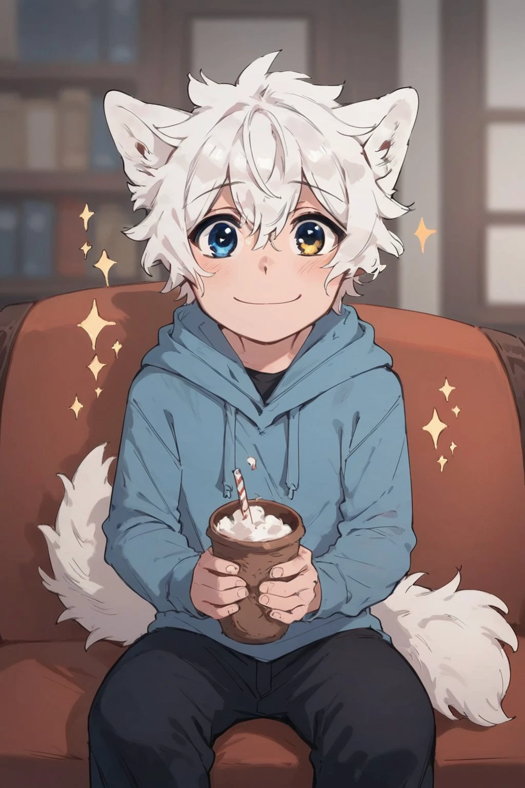 score_9, score_8_up, score_7_up, Smooth Boys Style, cartoon, 1boy, young, solo, male focus, Lumine, wolf boy, wolf's ears, white hair, messy hair, heterochromia, blue eyes, wolf's tail, blue hoodie, hood, black pants, wide smile, sparkles, Expressive, in room, indoors, <lora:add-detail-xl:0.8>, <lora:NAI3 Smooth Boys Style LoRA_Pony XL v6:0.8>, <lora:Expressive_H:0.8>, <lora:Lumine_Human:0.8>,