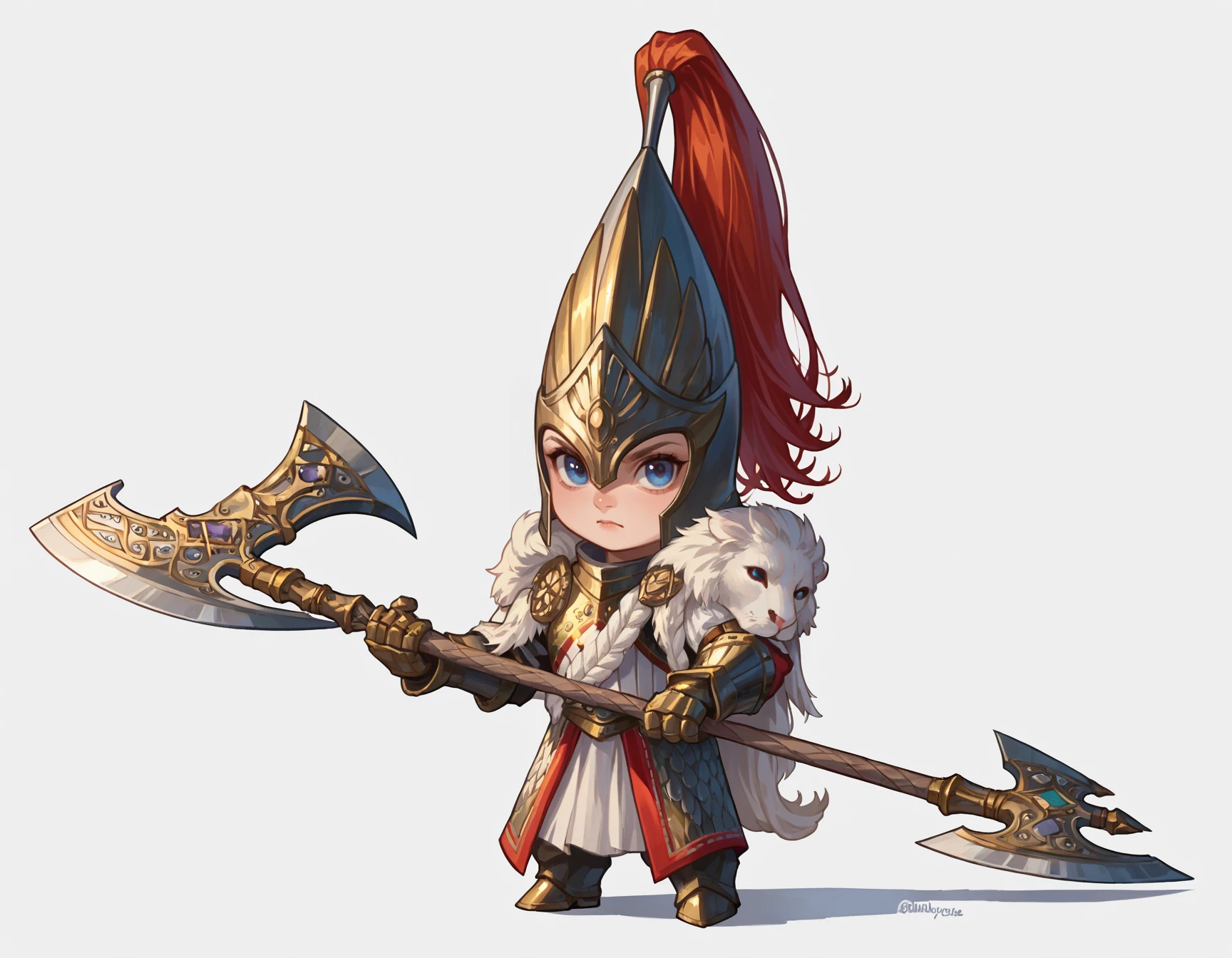 score_9, score_8_up, score_7_up, source_cartoon, 2d, chibi, blank background,
WhiteLionofChrace, armor, helmet, plume, holding axe, facing viewer, looking at viewer,
<lora:WhiteLionofChrace:0.8>