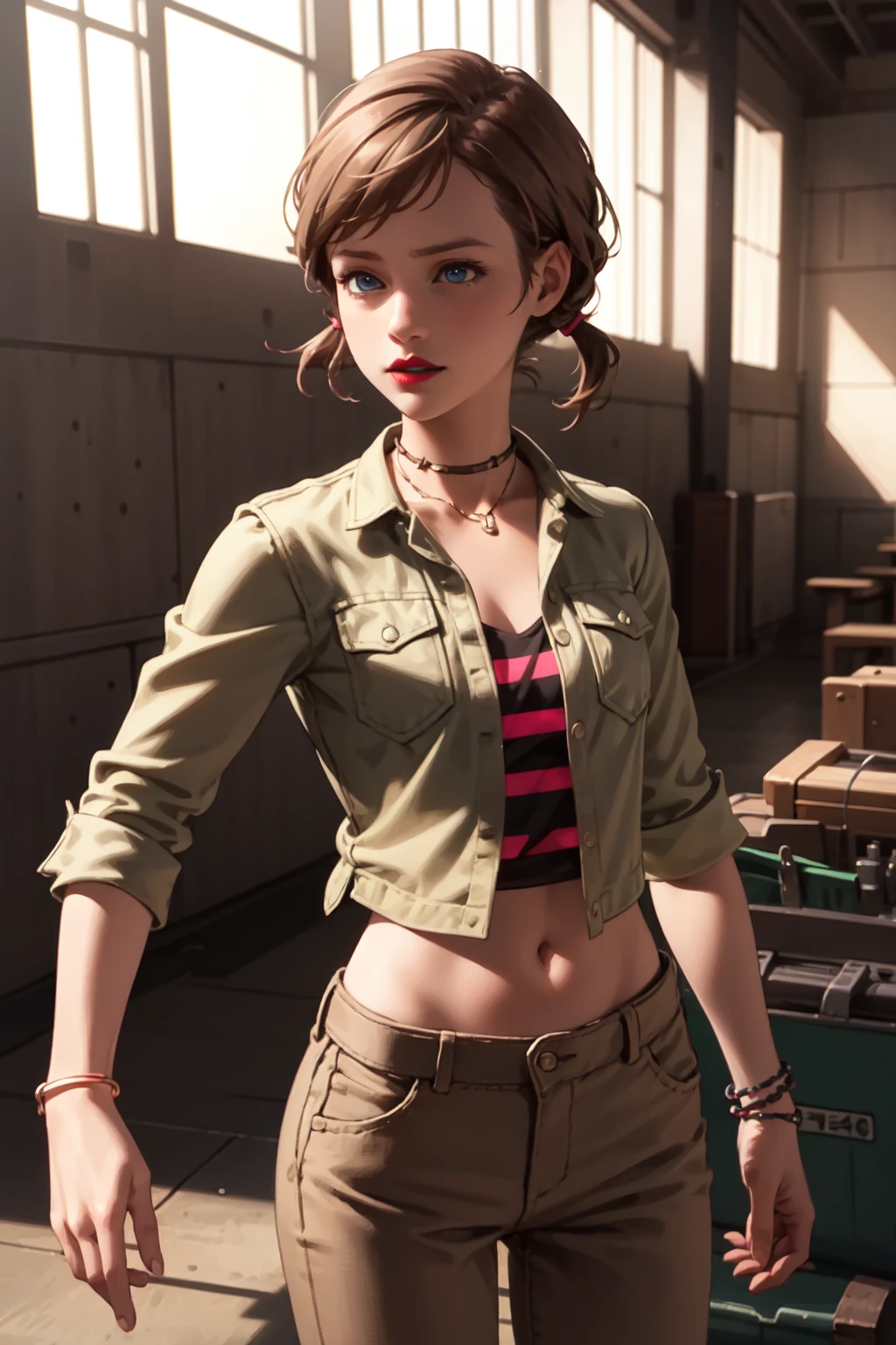 jess harding, 1girl, solo, blue eyes, pink lipstick, standing, teen, slender, brown hair, short hair, small twintails, choker, bracelet, brown shirt, striped undershirt, midriff, small breasts, wide hips, brown pants, cowboy shot, cinematic lighting, highres, high quality, masterpiece, 4k, looking at viewer