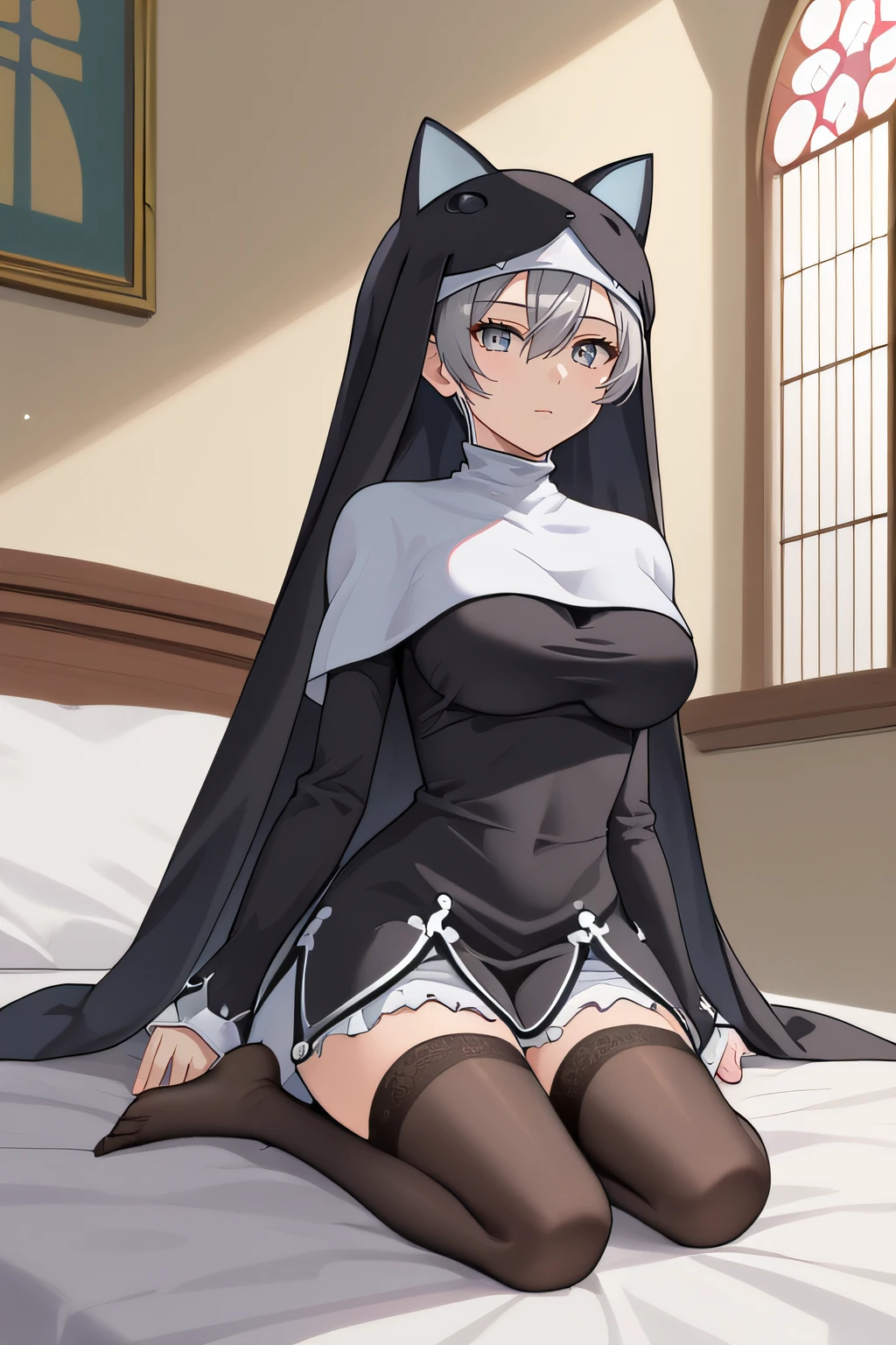 score_9, score_8_up, score_7_up, source_anime, rating_safe, intricate details, anime screencap, official style, 1girl, solo, <lora:Sistermon_Noir:1>, sistermonnoir, grey hair, grey eyes, nun, habit, fake animal ears, black thighhighs, feet, looking at viewer, kneeling, full body, on bed, expressionless