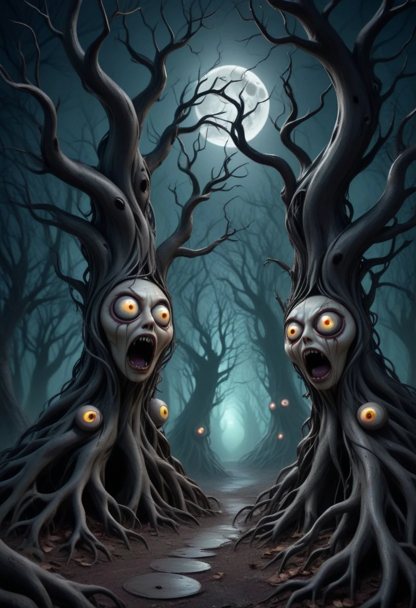 A haunted forest filled with twisted trees and glowing eyes peering out from the darkness, with a full moon casting eerie shadows on the ground, Faeothic