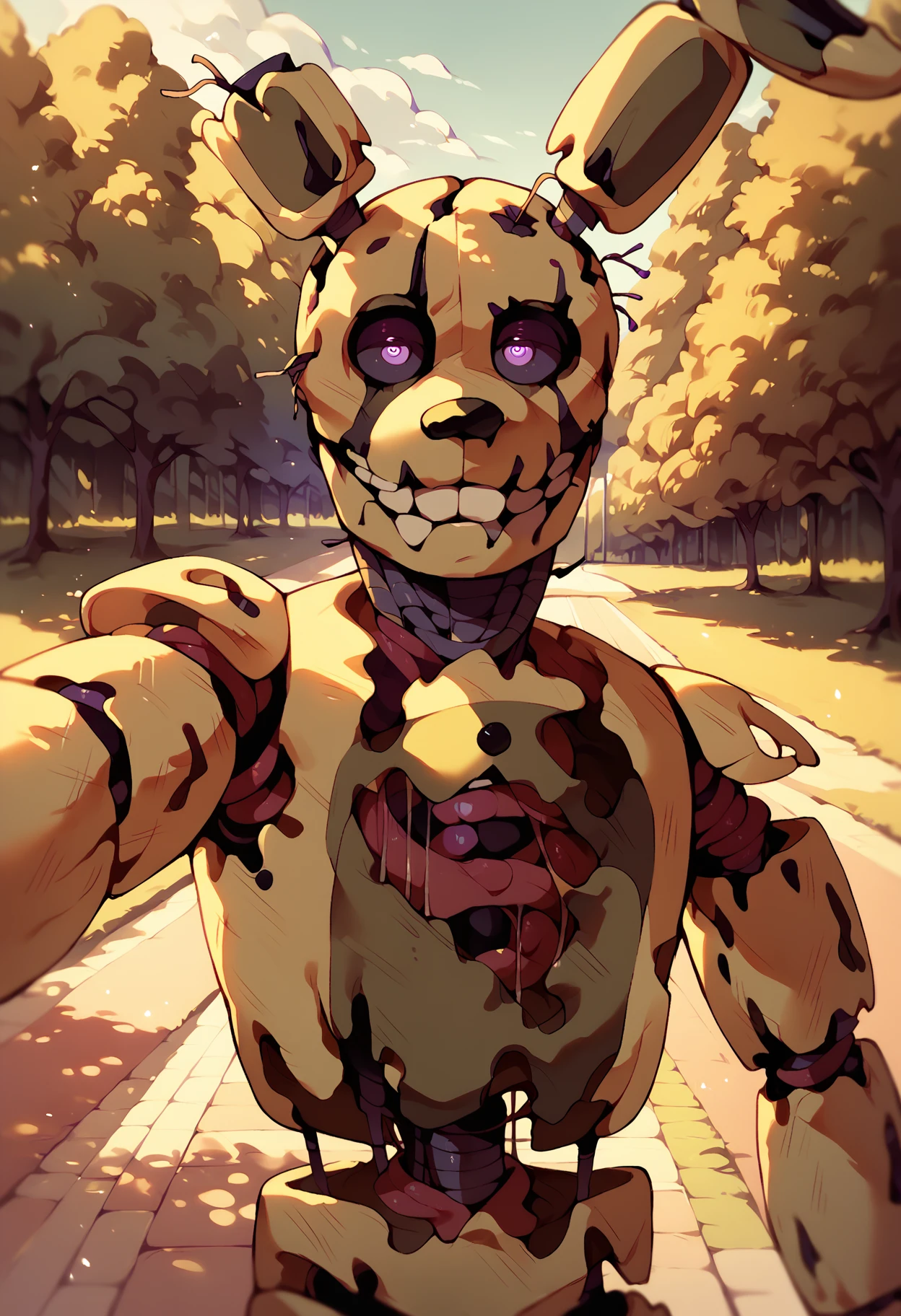 score_9, score_8_up, score_7_up, score_6_up, solo, selfie, portrait, half body, detailed background, closed mouth, purple eyes, black sclera, bright background, highly detailed face, fnaf, male focus, outside, park, (springtrap, animatronic), <lora:Springtrap_v4:0.98>