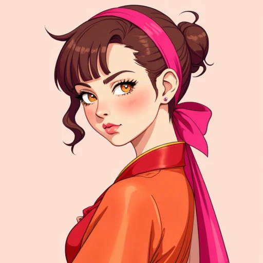 adorned with a pink headband. Her skin is pale, detailed style reminiscent of anime and manga art. The woman has a medium-dark skin tone and a curvy, alert look., red lips., This is a digital drawing in a colorful, featuring a red obi tied in the back., featuring a young woman with a fair complexion and a delicate, sandy brown color. She has a delicate