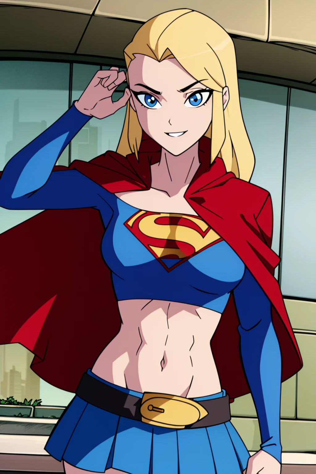 1girl, supergirl, sky, abs, arms up, belt, belt buckle, blonde hair, blue eyes, blue skirt, breasts, buckle, cape, crop top, day, emblem, eyelashes, gold belt, gold trim, impossible clothes, impossible shirt, large breasts, long hair, long sleeves, looking at viewer, microskirt, midriff, navel, outdoors, parted lips, pleated skirt, red cape, shadow, shirt, skirt, smile, solo, superhero, toned, yellow belt, wind lift, , ((masterpiece))

, ((masterpiece)