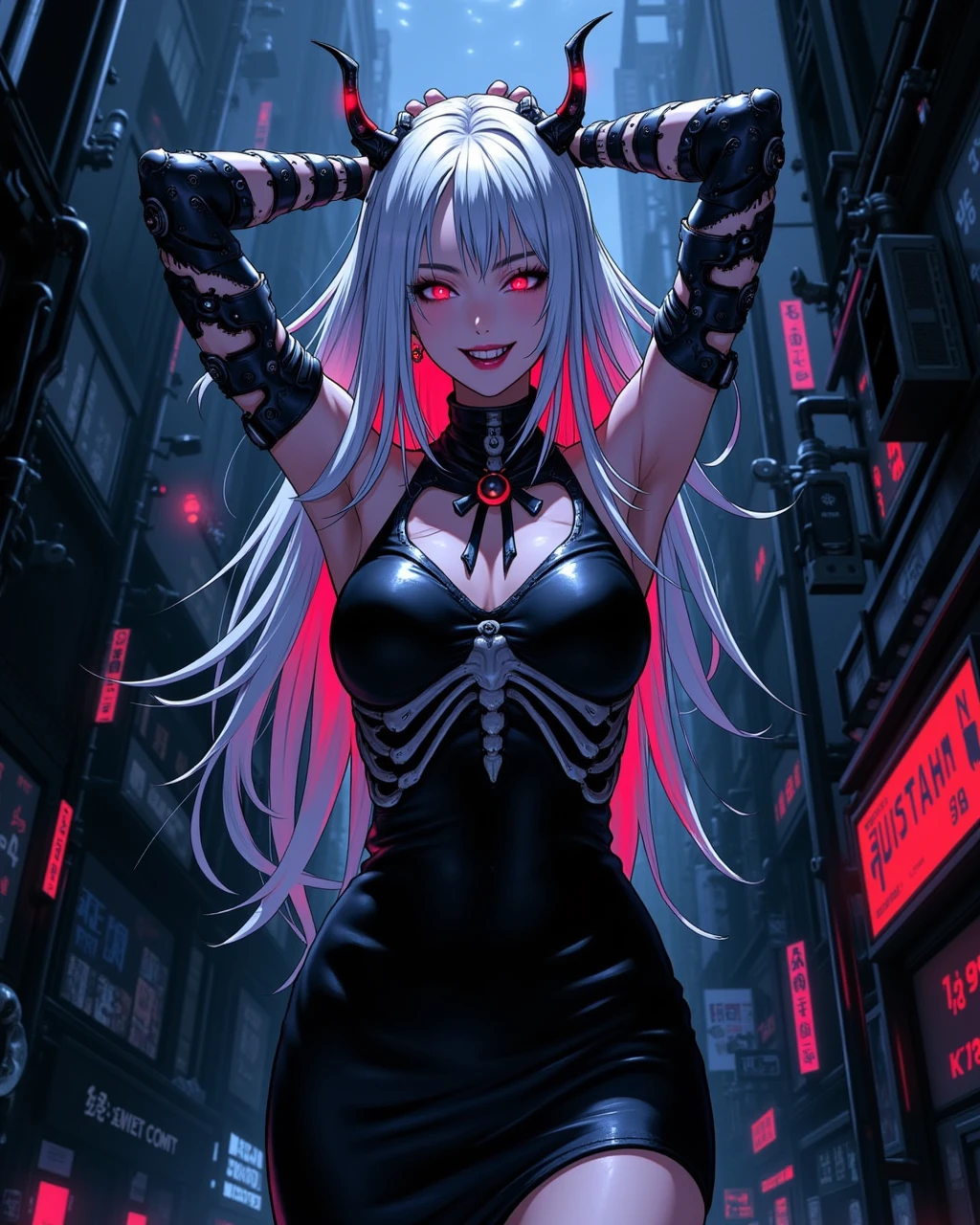 hfneonanimedemongirl, Expressiveh,faceless male, masterpiece, high quality, slim waist, medium ass, slut,seductive smile, nomads, infinity, moderator, cyberpunk, neon city, city alley, NLSTN, glowing, dark,skeletal ribs,glowing eye, evil smile,cyberpunk,(mechanical parts:1.8), 1girl, solo, very long hair, underwater, looking at viewer, black dress, neck ribbon, collarbone, white hair, red hair, multicolored hair, arms up, black theme, (air bubble:1.1), skeletal arm, bone,crop top