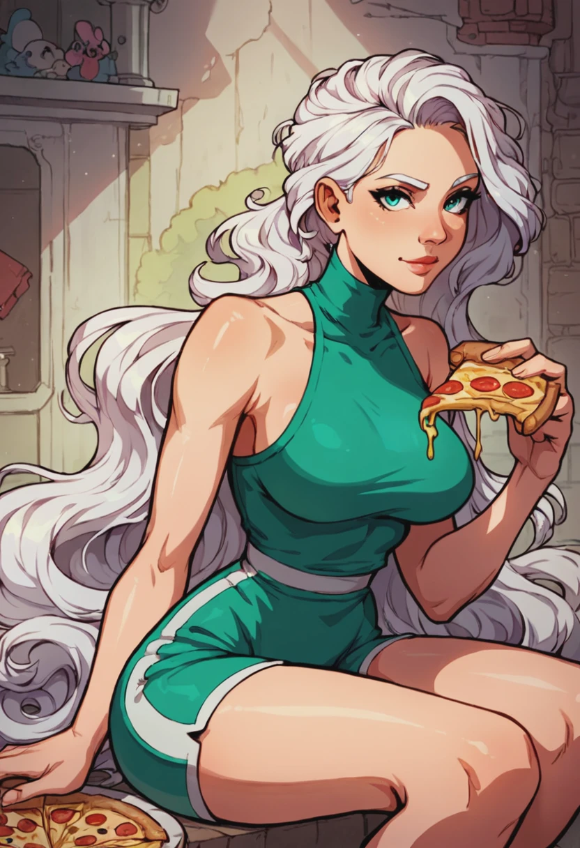 score_9, score_8_up, score_7_up, 1girl, large_breasts, portrait, solo, looking_at_viewer, open_eyes, Sitting, pretending to spin a pizza dough, from_behind, (Ruby romper), absurdly long hair, pompadour, White hair, waterpark, portrait, rating_safe, <lora:akabur-siserg_mix_pony:1.0>