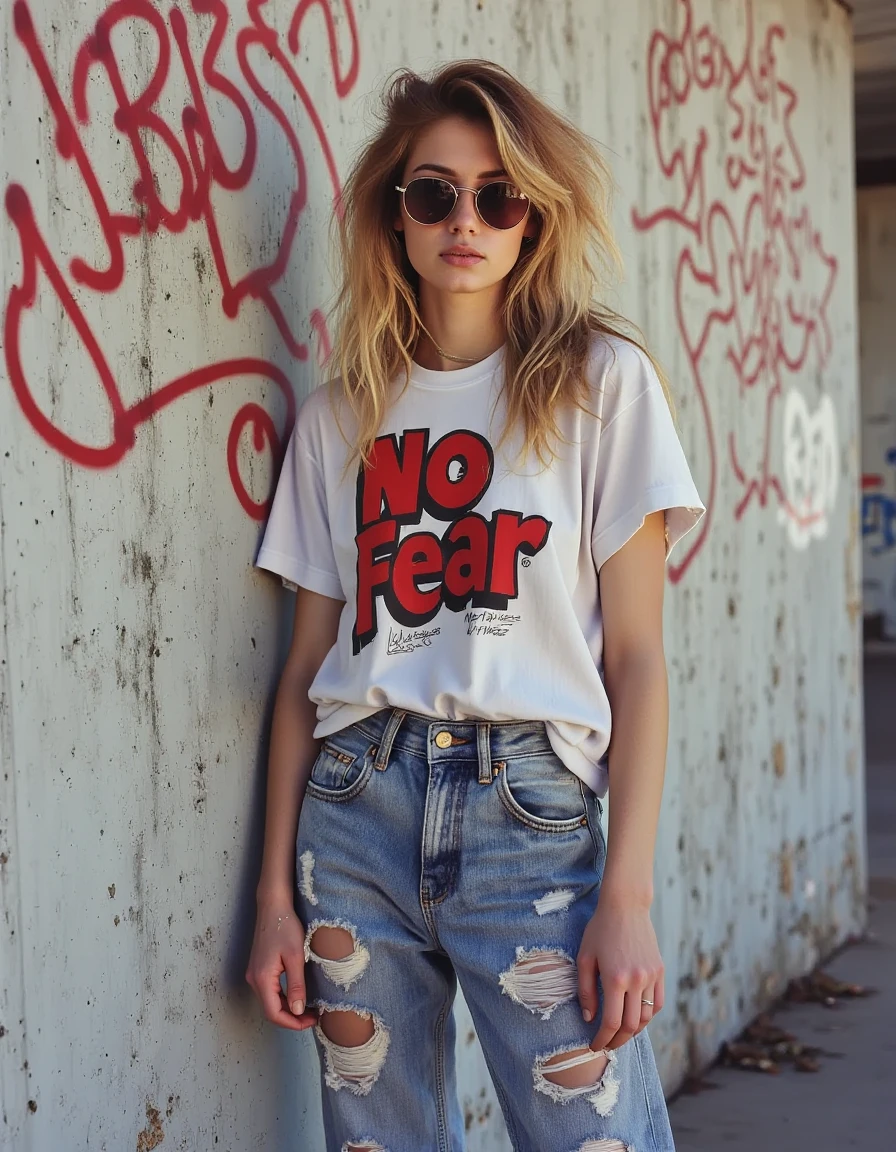 retr0grade90s A woman standing next to a concrete wall. She is wearing sunglasses and there is graffiti behind her. She is wearing ripped denim, oversized jeans and a white No Fear t-shirt.<lora:General Flux\retrograde-90s-000015.safetensors:0.9500000000000001:1.0>