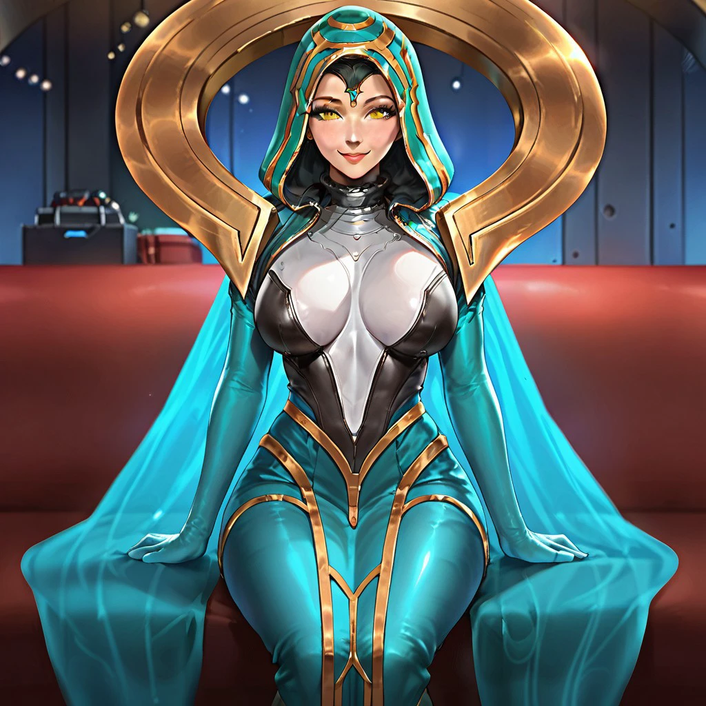 score_9, score_8_up, score_7_up, very aesthetic, extremely detailed, 1girl, solo, sitting, hands on lap, looking at viewer, smile, close-up, sona-odyssey, yellow eyes, hood up, large breasts, bodysuit, mature female, forehead jewel, gem, elbow gloves, dress, makeup, curvy, wide hips, thick thighs, spaceship