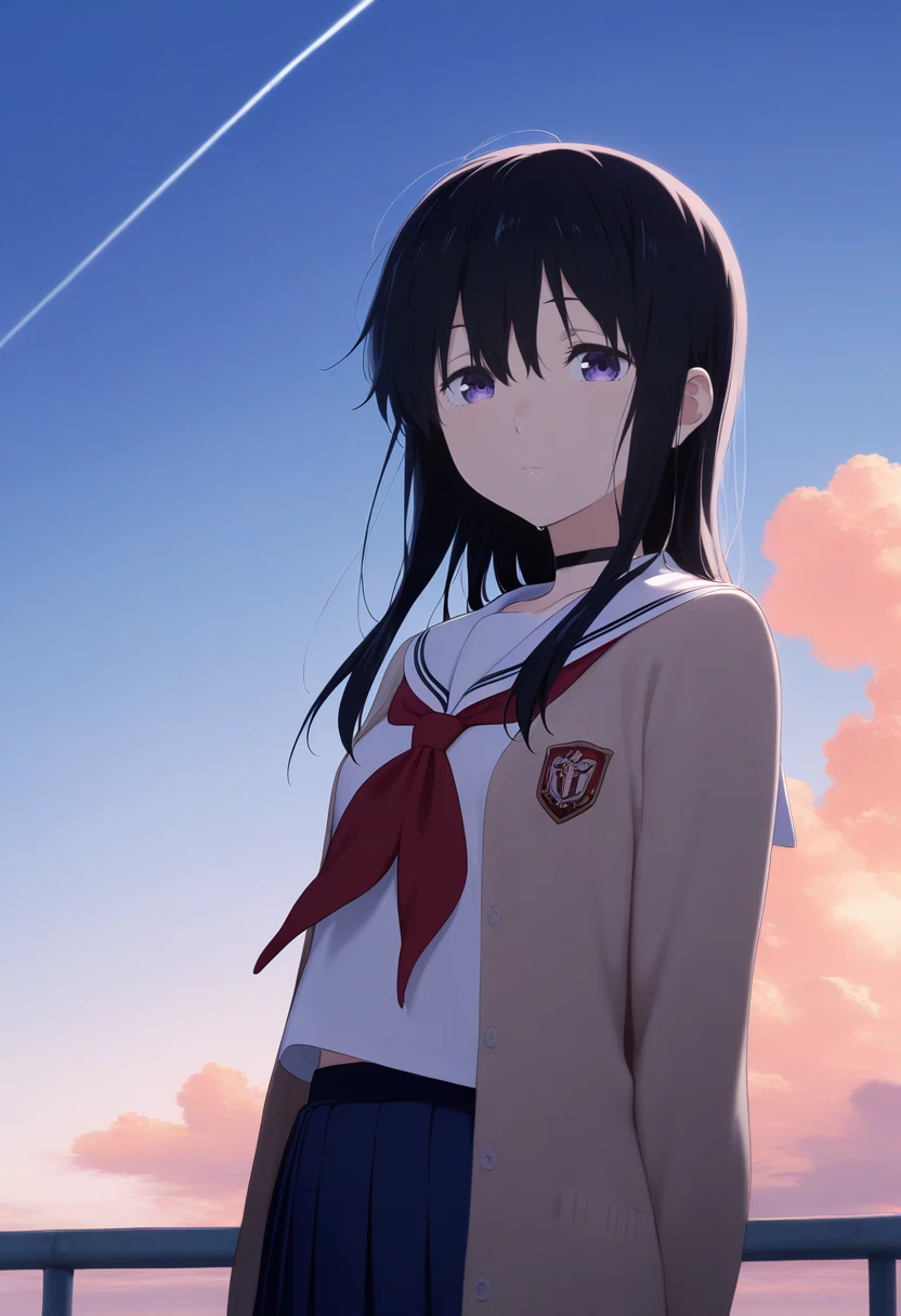 1girl, ueno naoka, long hair, black hair, bangs, purple eyes, hair between eyes, small breasts, <lora:Ueno_Naoka2-06:1>, school uniform, serafuku, white sailor collar, red neckerchief, beige cardigan, blue pleated skirt, open cardigan, white shirt, looking at viewer, solo, black choker, cowboy shot, blue sky, closed mouth, cloud, cloudy sky, contrail, evening, orange clouds, outdoors, upper body, volumetric lighting, shiny skin, humid skin, BREAK, best quality, amazing quality, highres, absurdres, very aesthetic, high resolution, ultra detailed, perfect details <lora:nyalia:0.4>