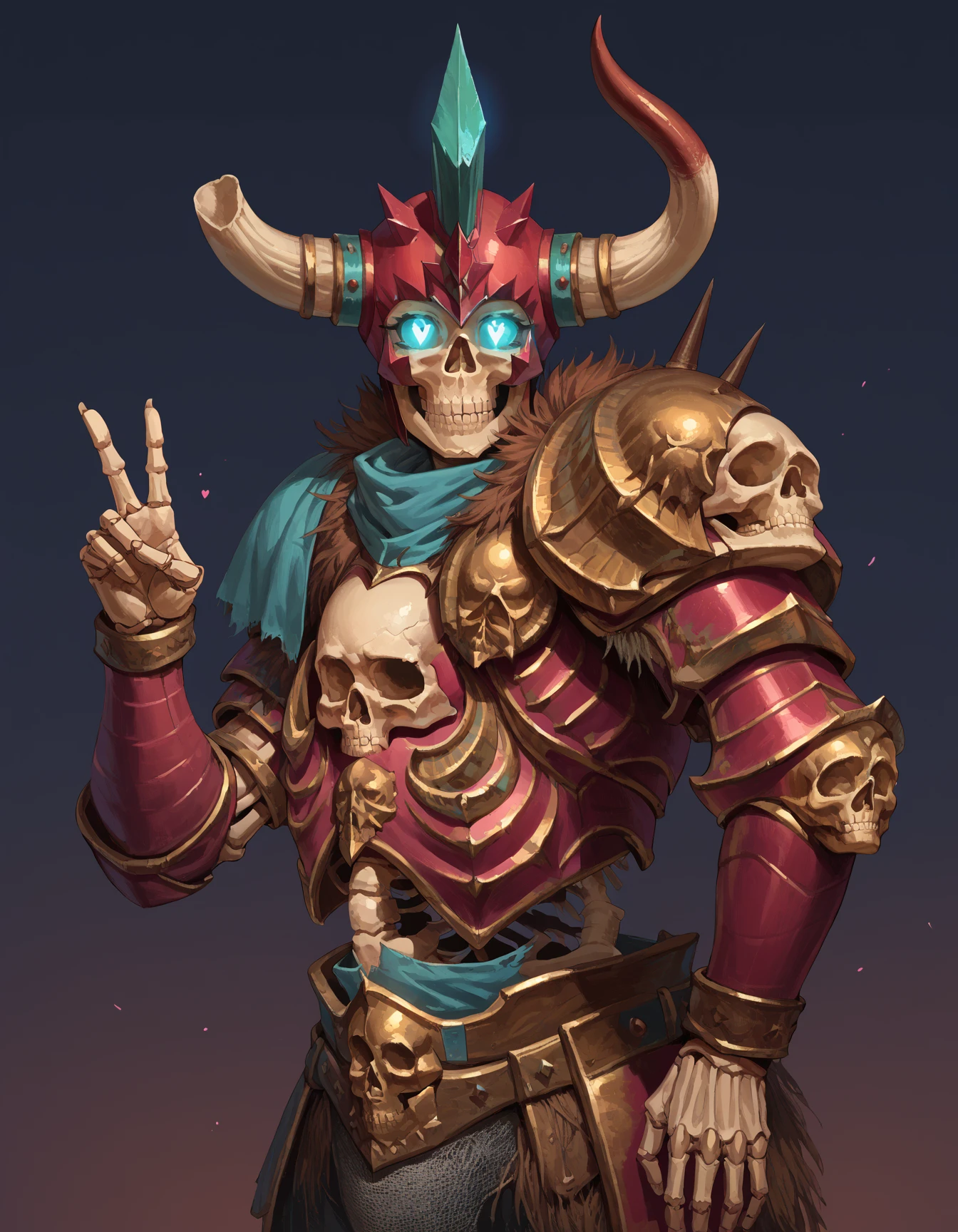 score_9, score_8_up, score_7_up, source_cartoon, 2d, cowboy shot, solo,
Krell, 1girl, curvy, bikini armor, armor,  horned helmet, skull, glowing eyes,
skeleton, ribs, midriff, <lora:skeleton:1>
looking at viewer, hearts, peace sign,
<lora:Krell:0.65>