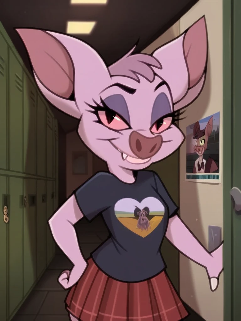 score_9, score_8_up, score_7_up, score_6_up, score_5_up, score_4_up, source_furry, anthro bat, Femme_Bat, black t-shirt, band logo, skirt, school, hallway, lockers, poster, bulletin board, detailed face, detailed eyes, detailed background, <lora:femme-bat-v1:1.0>