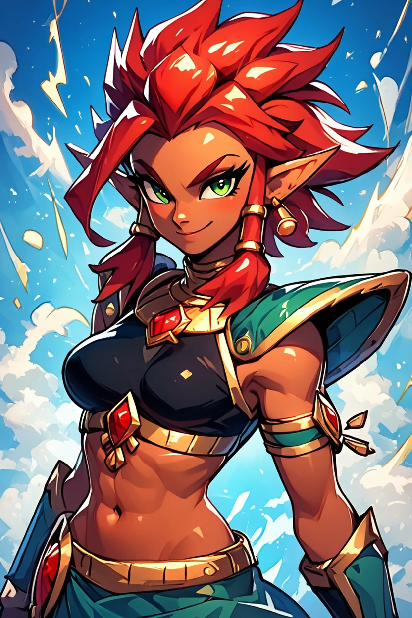 score_9, score_8_up, score_8, medium breasts, (curvy), cute, eyelashes,       BREAK, , ,,, zzSaiyanRiju, green eyes, red hair, pointy ears, dark skin, shoulder armor, navel, jewelry, midriff, bracelet, crop top, armlet, hair tubes, red gem,  <lora:SaiyanRiju_PDXL:0.8>,     ,,,, BREAK, embedding:zPDXL, Expressiveh, ,,, <lora:EnergyCAT:1.0>, solo, smile, looking at viewer, aura, blue sky, ,,, <lora:SDXLFaeTastic2400:0.5>, <lora:Expressive_H-000001:0.4>,