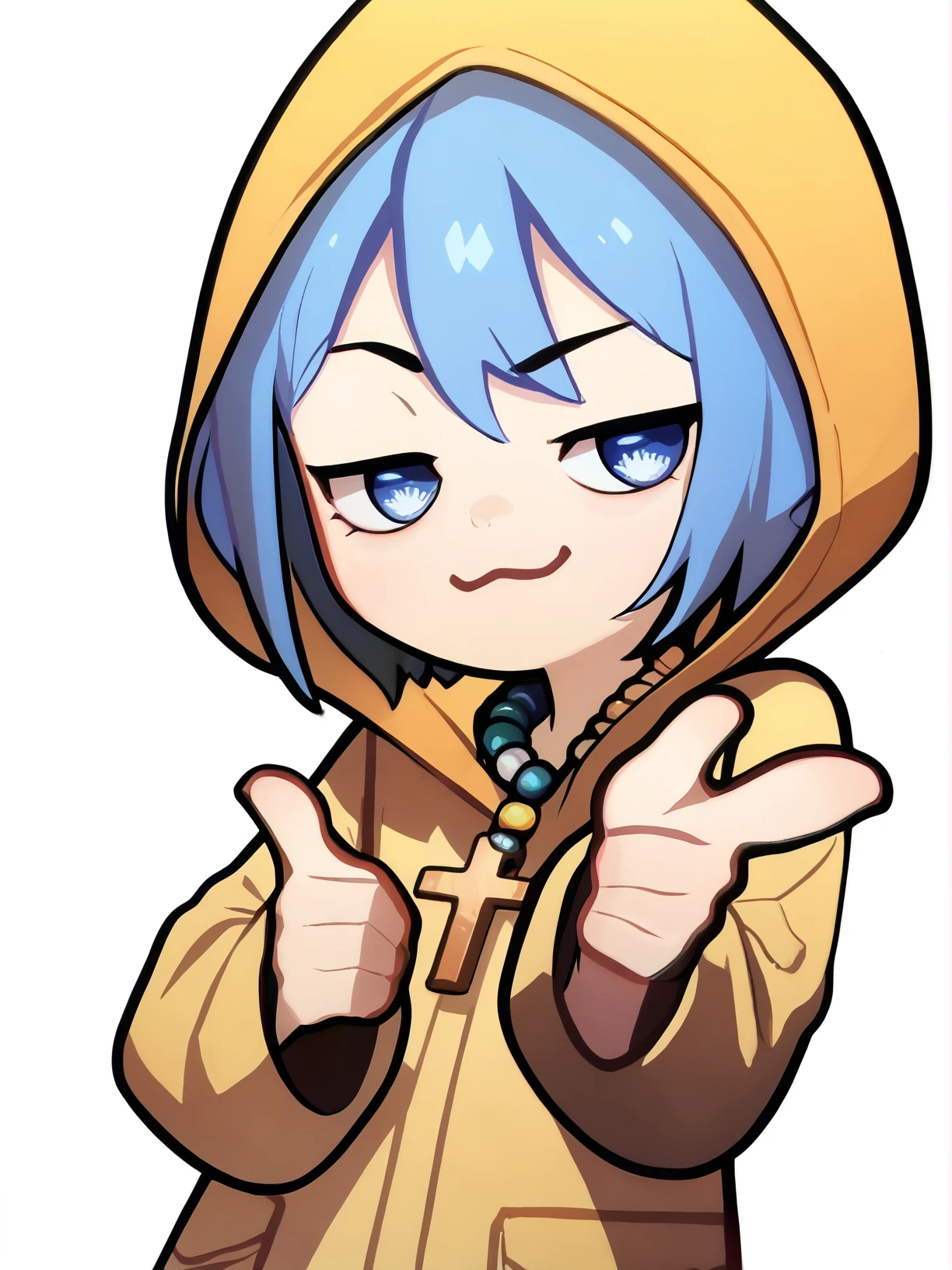 score_9, score_8_up, score_7_up, score_anime, uncensored, BREAK white background, <lora:Luce_PDXLv0-000007:0.8> luce, cross necklace, yellow raincoat, blue eyes, blue hair, smug, solo, official art, anime screencap, hood up,  <lora:double-finger-gun-ponyxl-lora-nochekaiser:1> double finger gun