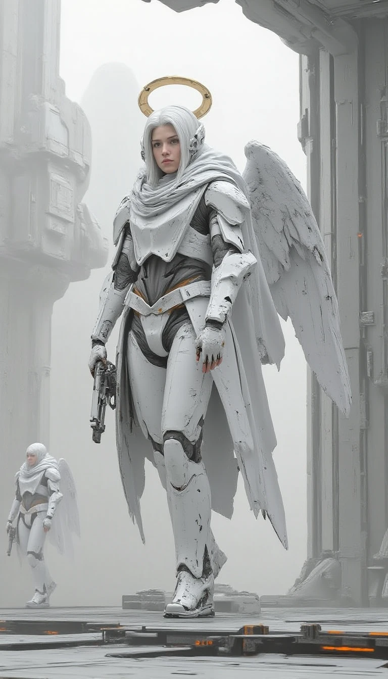 FuturisticWhite, a portrait of an angelic female character with white hair and golden accents, adorned with a halo