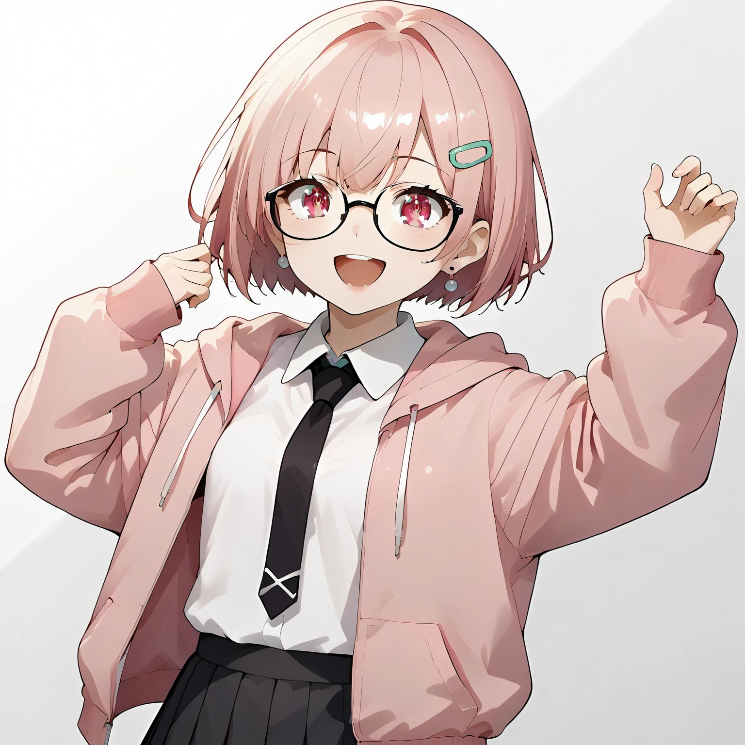 <lora:OCC_AkaneXLpony005>,
white background,
smile,open mouth,
solo,
Akane,1girl,pink hair,bob cut,hairclip,red eyes,
glasses,earrings,
pink hoodie jacket,wing collar,white shirt,black necktie,
pleated_skirt,black skirt,
standing,