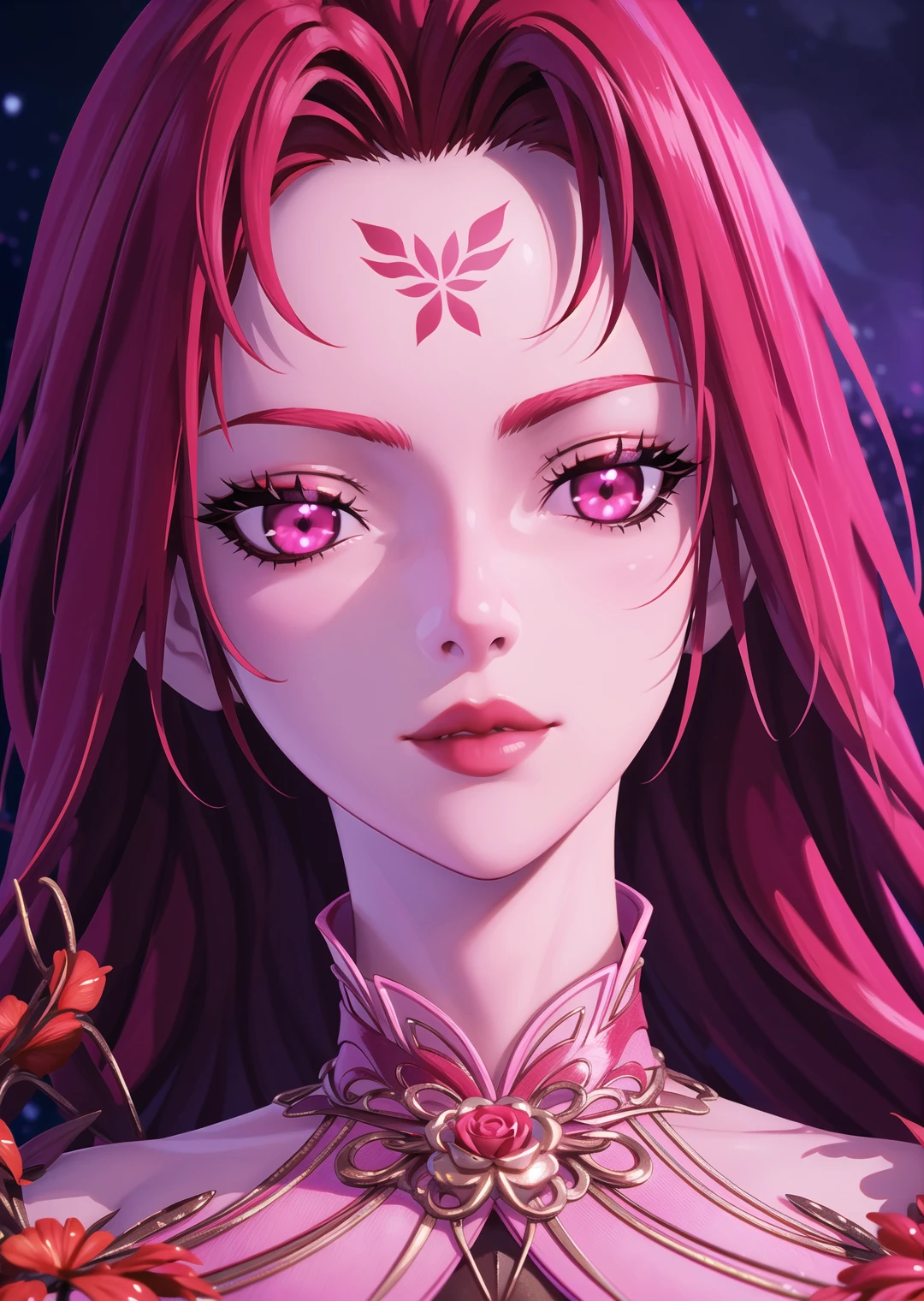 1girl,solo,pink hair,pink eyes,red lips,contempt,looking at viewer,starry sky,flower,fantasy,((glowing)),close-up,(blurry),depth of field,3d,Highly detailed,(ultra-detailed),(best quality,masterpiece:1.5),<lora:xidi:0.7>,