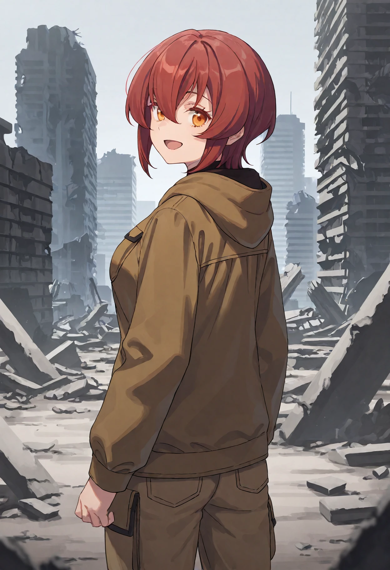 1girl, , kurenakukumila, 1girl, solo, red hair, short hair, looking at viewer,, brown hooded jacket,, brown eyelashes, orange eyes, sidelocks, standing, brown pants, hair between eyes, , (cowboy shot:1.5), medium breasts, smile, open mouth, from behind, , looking back, ruins, city,  <lora:kurenakukumila_ill:1>