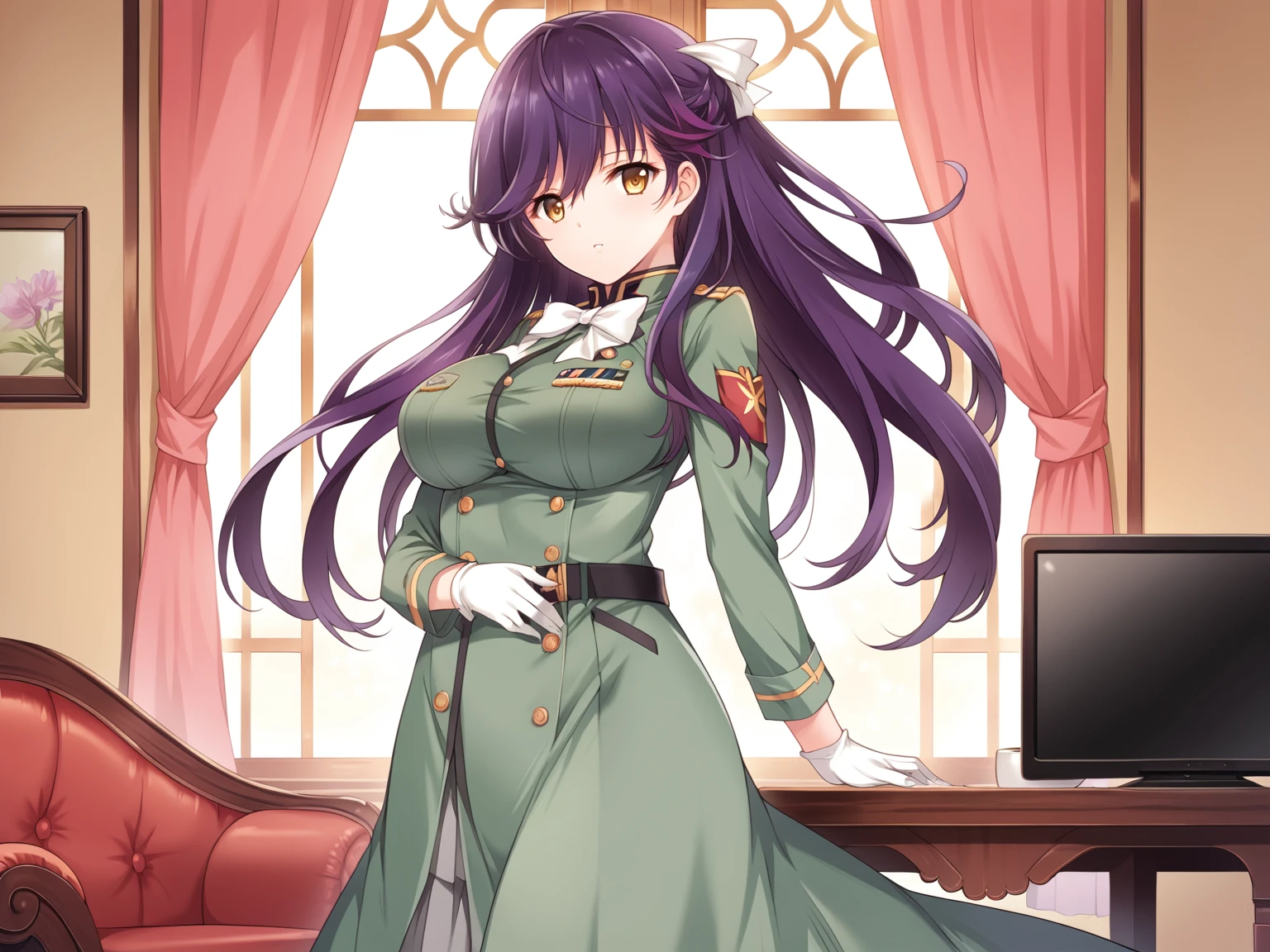 alicesoft,saki,1girl,solo,gloves,white gloves,long hair,uniform,military uniform,military,breasts,violet hair,amber eyes,belt,bow,white bow,bowtie,large breasts,buttons,green uniform,long skirt,grey skirt,skirt under dress,<lora:Alicesoft_-_Haha_Ranman_-_Mayuko_Saki_Uka:1>,indoors,living room,window,couch,television,standing,coffee table,, score_9, score_8_up, score_7_up,source_anime,(masterpiece),(best quality),(ultra-detailed),(best illustration),(best shadow),(absurdres),(detailed background),(very aesthetic),source_anime