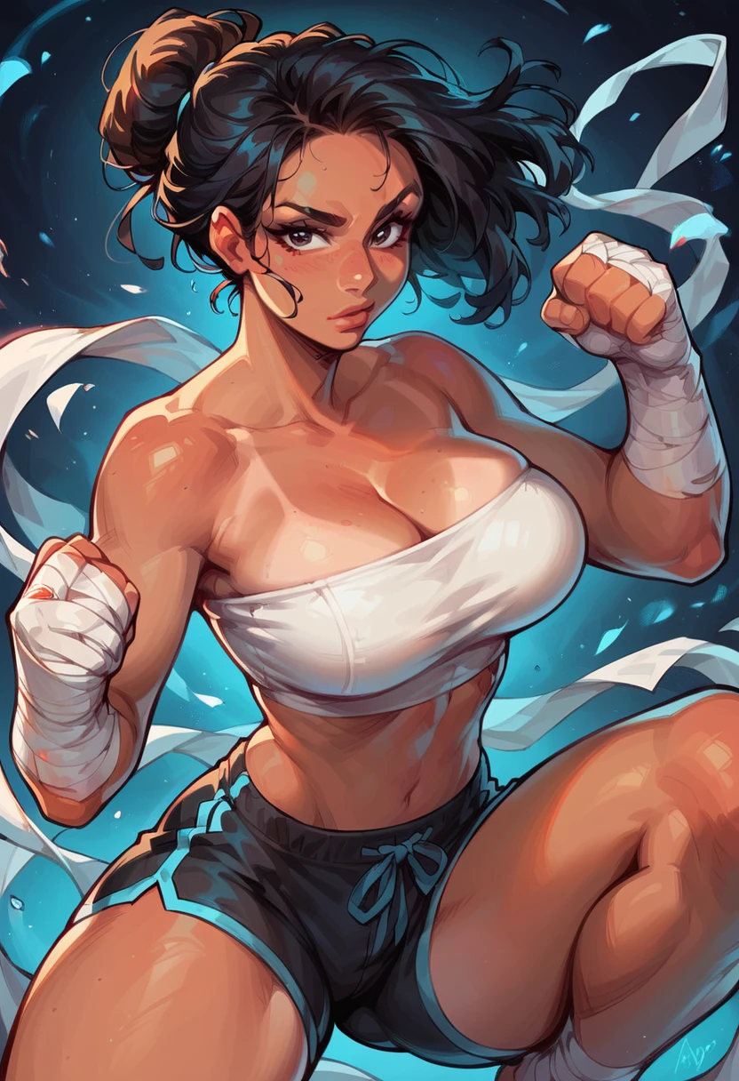 Crisp image, score_9, score_8_up, score_7_up, score_6_up, 1girl, gorgeous girl , (thai girl:1.3), (asian girl:1.3), (tan skin:1.4), cute face, cute girl, serious, ready for a fight, long black hair, large breasts, intense look, hair moving in the wind, hair pulled back, ponytail, white tube top, cleavage, wearing muay thai shorts, bandage hands, perfect lighting, dark background , closeup , breast focus, muay thai ring, bandaged ankles, one knee up, ready to kick, make fist, muay thai stance, neon light effects in background, close up, barefeet, 