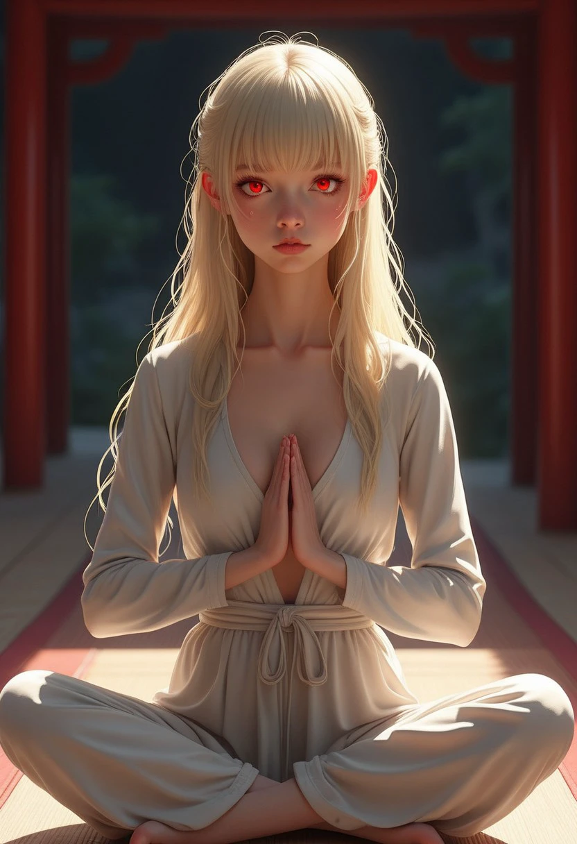 Lea, 1girl, fair, porcelain-like skin, long platinum-blonde hair with bangs that frame her face, petite, slender figure, small nose, small breast, red eyes, 
Yoga pose, simple background. full body image